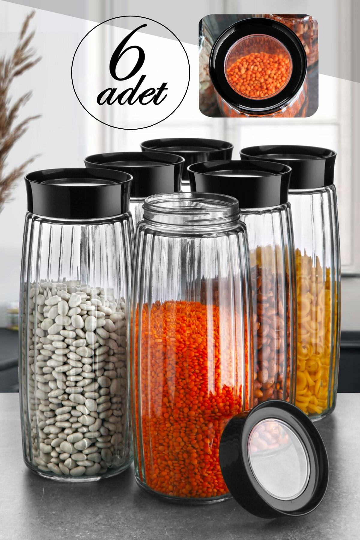 Kitchen Life 6 Adet Mega Boy Cam Çizgili Kavanoz Saklama Kabı Seti 1600 ml (ERZAK KABI)