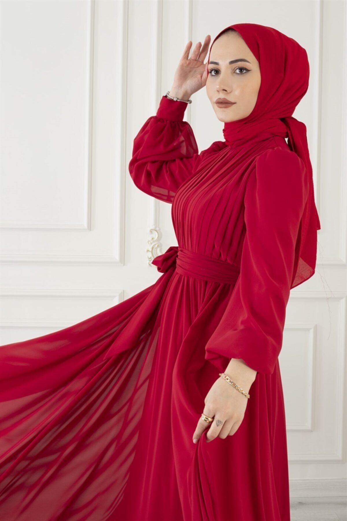 moda ala Balon Kol Abiye Kırmızı