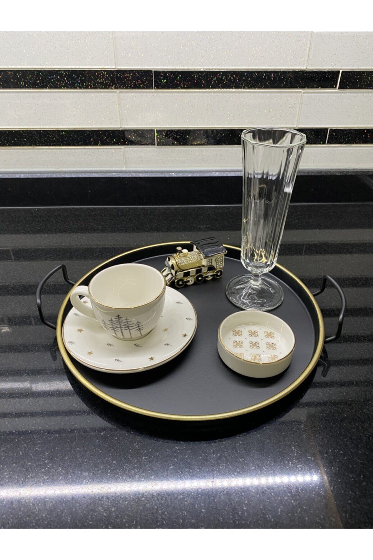 ÖzSa Home Country Tarzı Gold Şeritli Siyah Tepsi 25 cm