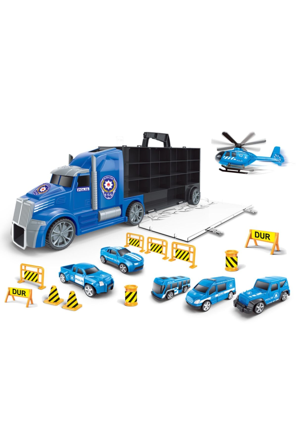 MEGA Taşınabilir Kamyonlu Polis Seti Oyuncak Poli Seti Polis Arabası Polis Helikopteri Set Scntoys