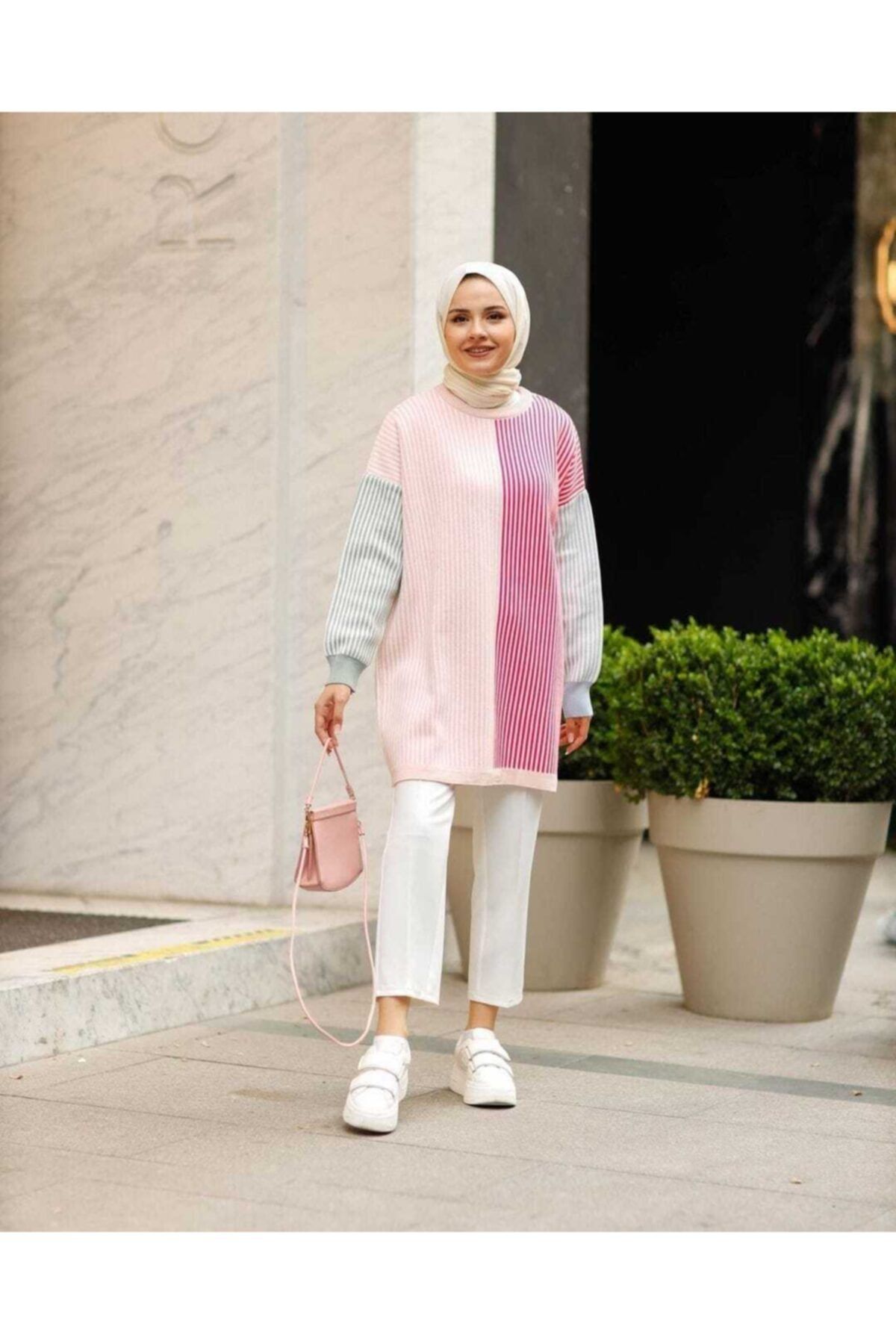Yellowmoon Kadın Çizgi Detaylı Pembe Fuşya Triko Tunik