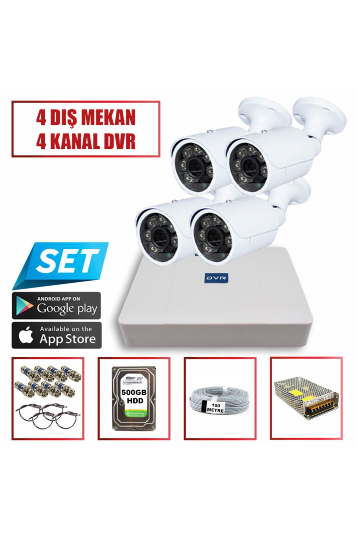 Baff 4 Kameralı Full Hd Güvenlik Kamerası Seti+dvr+500gb Hdd+bnc+power Jack