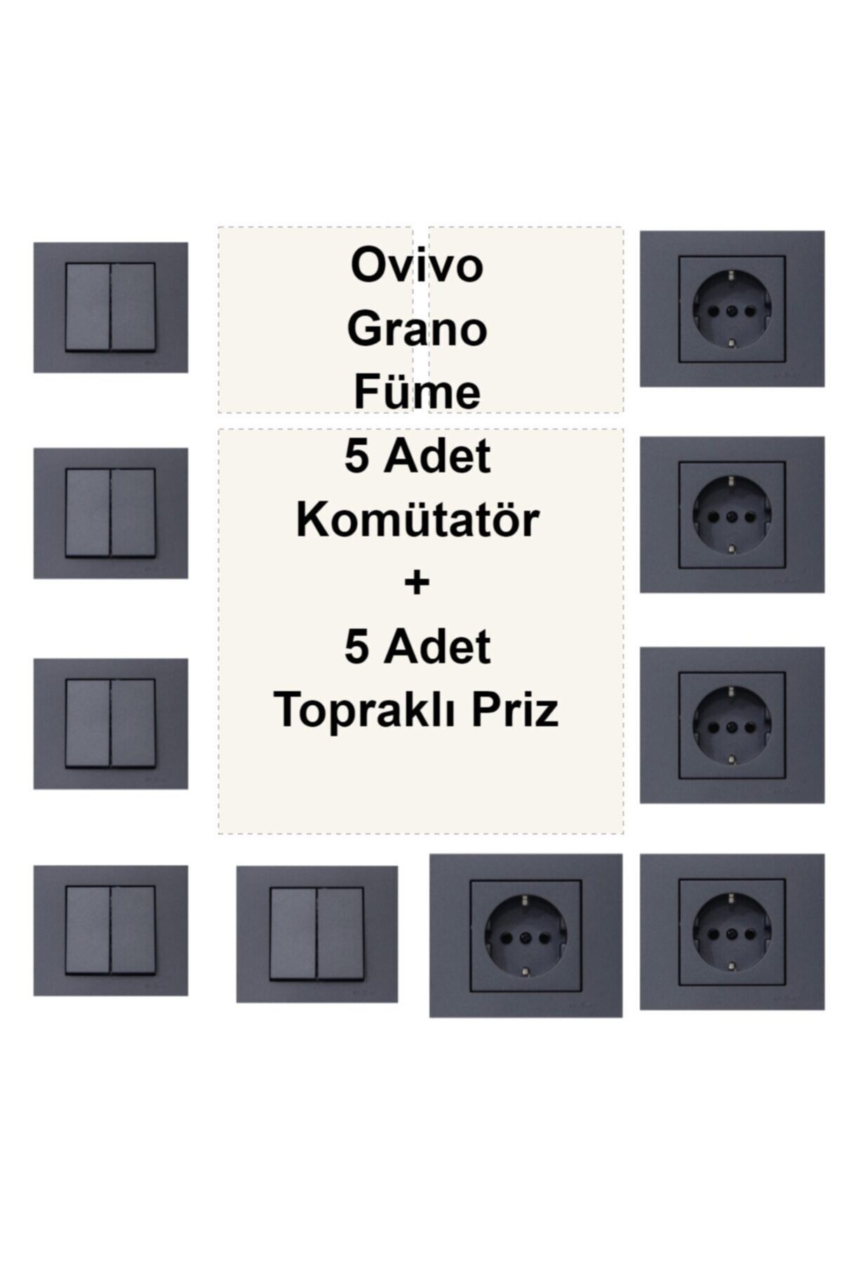 ÇağatayElektrik Ovivo Grano Füme 5 Adet Komütatör + 5 Adet Topraklı Priz