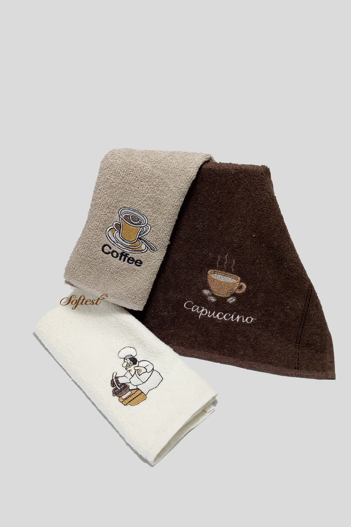 Softest 3 Renk 3 Adet Coffee Nakışlı Mutfak Havlu Seti, 30x50 Pamuk Mutfak Havlusu Seti