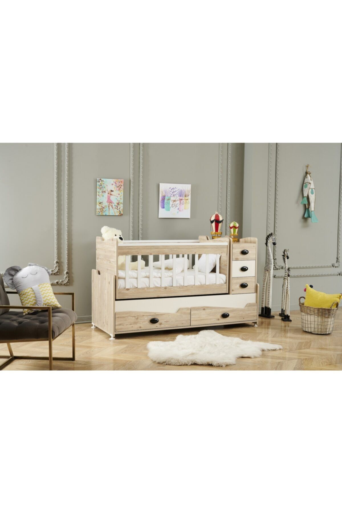PİYANO GENÇ VE BEBEK ODASI Beste Şifonyerli Sallanır Anne Yanı Büyüyebilen Ahşap Bebek Beşiği Meşe