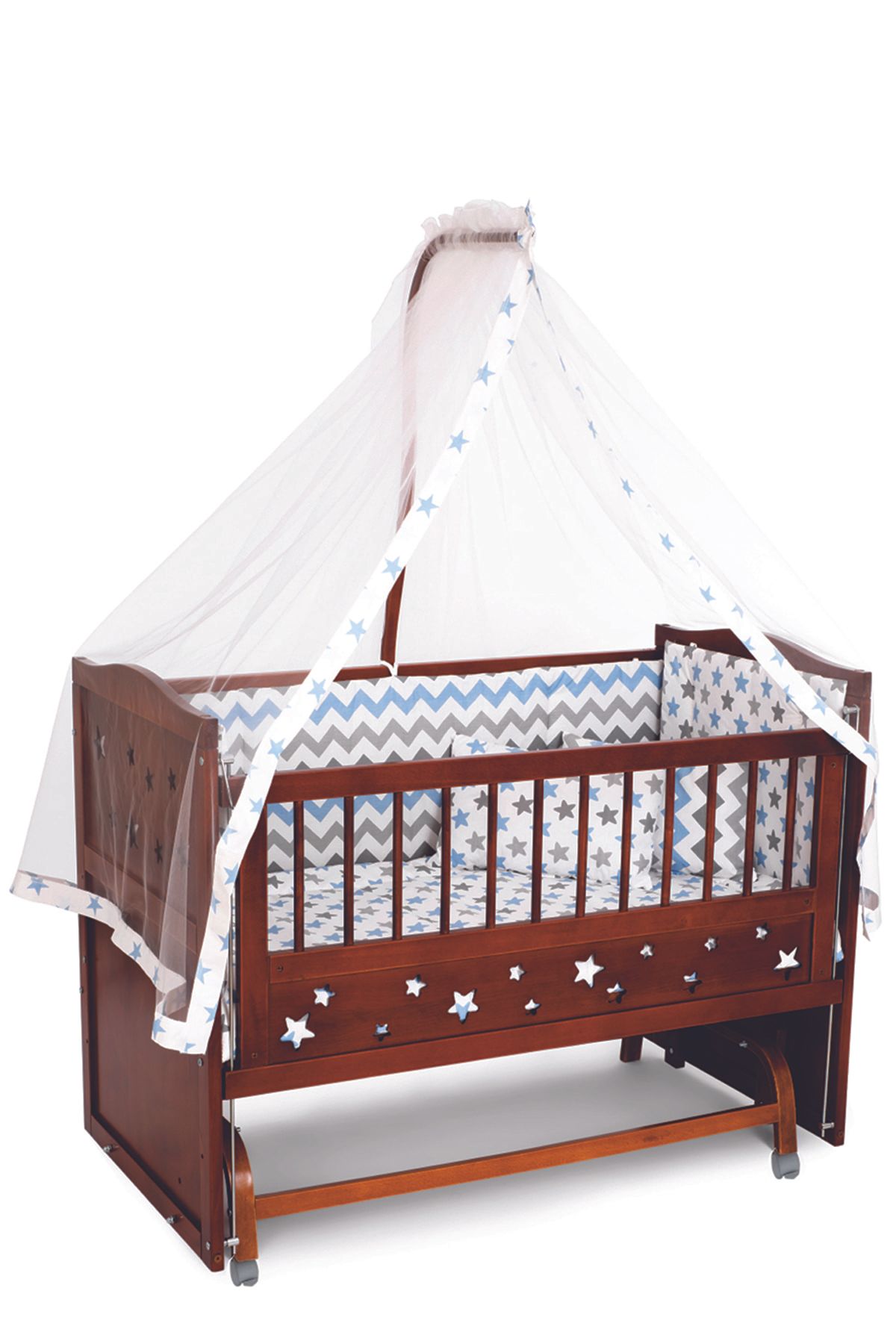 bamgidoo Ceviz Ahşap Yıldızlı 3 Kadameli Anne Yanı Beşik 60x120-zikzak Mavi Uyku Setli+yataklı+tekerlek