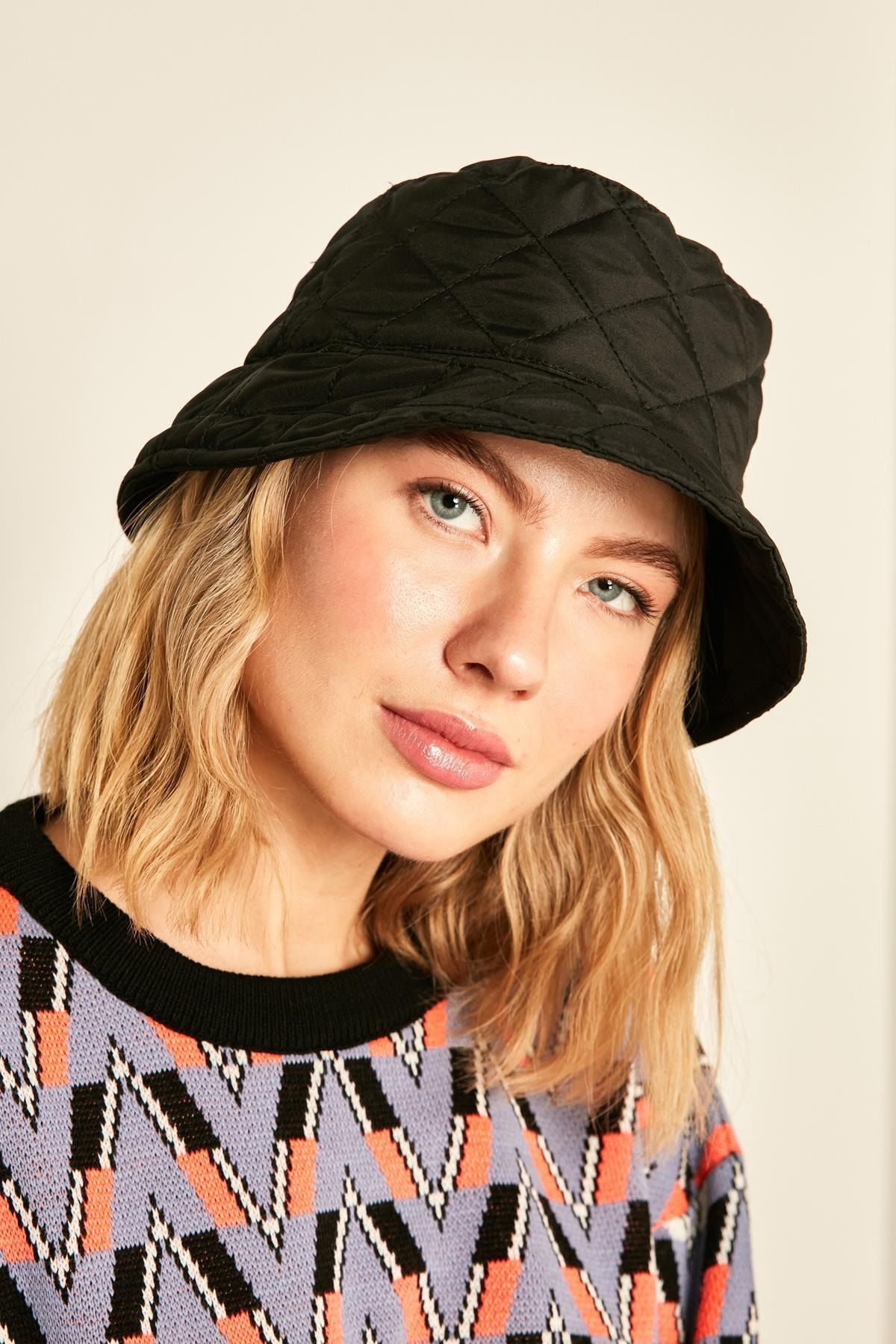 YLondon 14175 Kapitone Siyah Bucket Şapka
