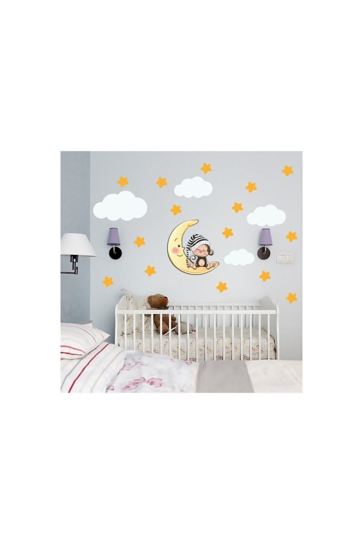 hediyesepetin Uyuyan Maymun Yıldız Bulut Set Bebek Çocuk Odası Duvar Sticker