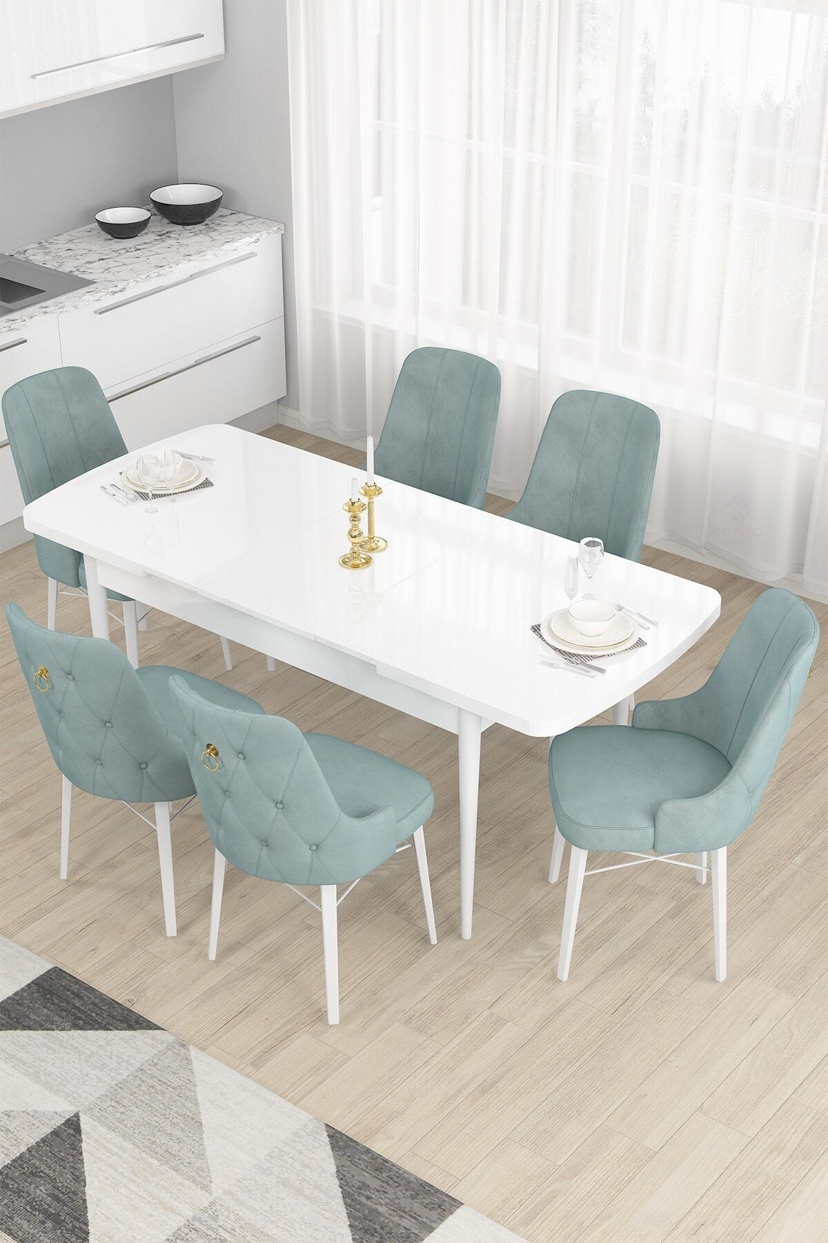 Canisa Concept Nar Serisi, 80x132 Açılabilir Mdf Masa, Beyaz Mutfak Masa Takımı, 6 Su Yeşili Sandalye