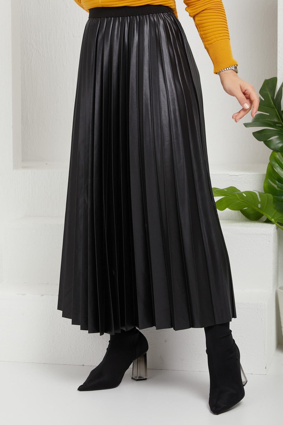 İmajButik Piliseli Deri Görünümlü Etek/siyah