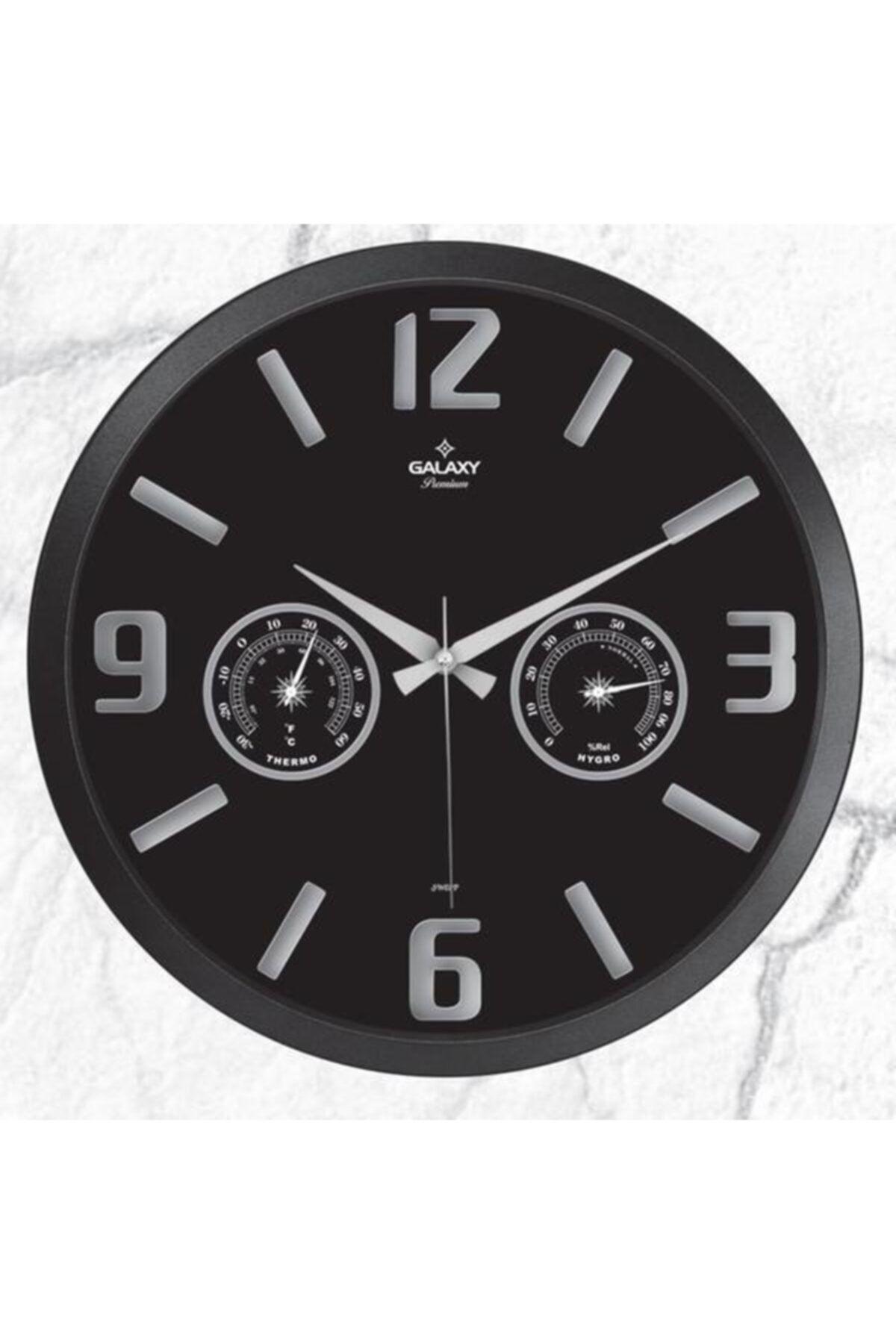 Galaxy Premium Termometreli Duvar Saati - Siyah / Gümüş - 38 Cm