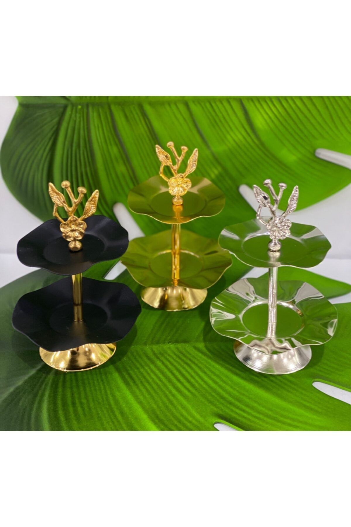 Hibana Metal Dekoratif 2 Katli Küçük Ikramlık Sunumluk Siyah&altın (tbk 10/12cm///yuksek 17cm)