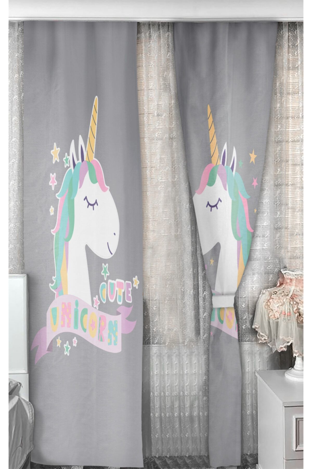 Bebişim Halı Çift Kanat Fon Perde Unicorn Desenli Takım Perde