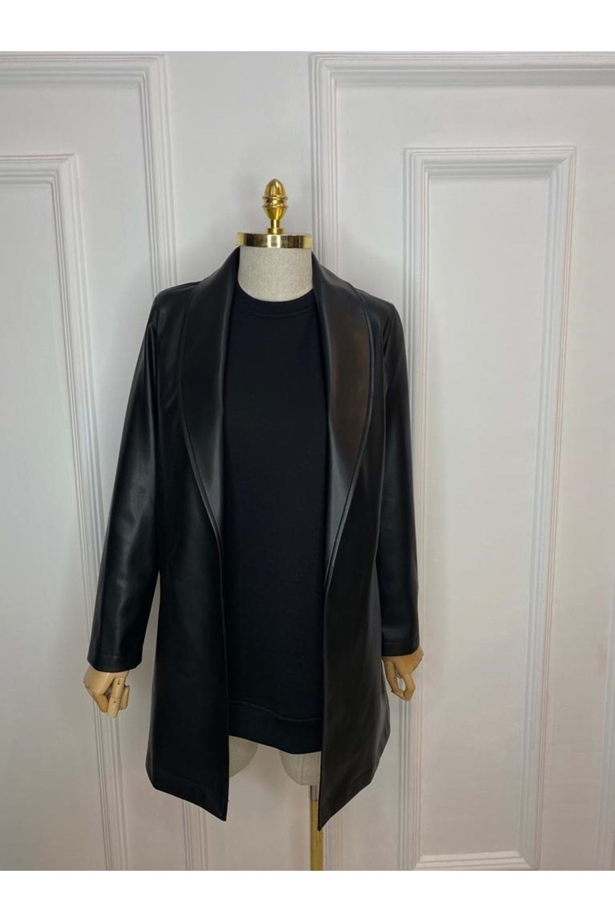 azra fashion Şal Yaka Deri Ceket - Siyah - M
