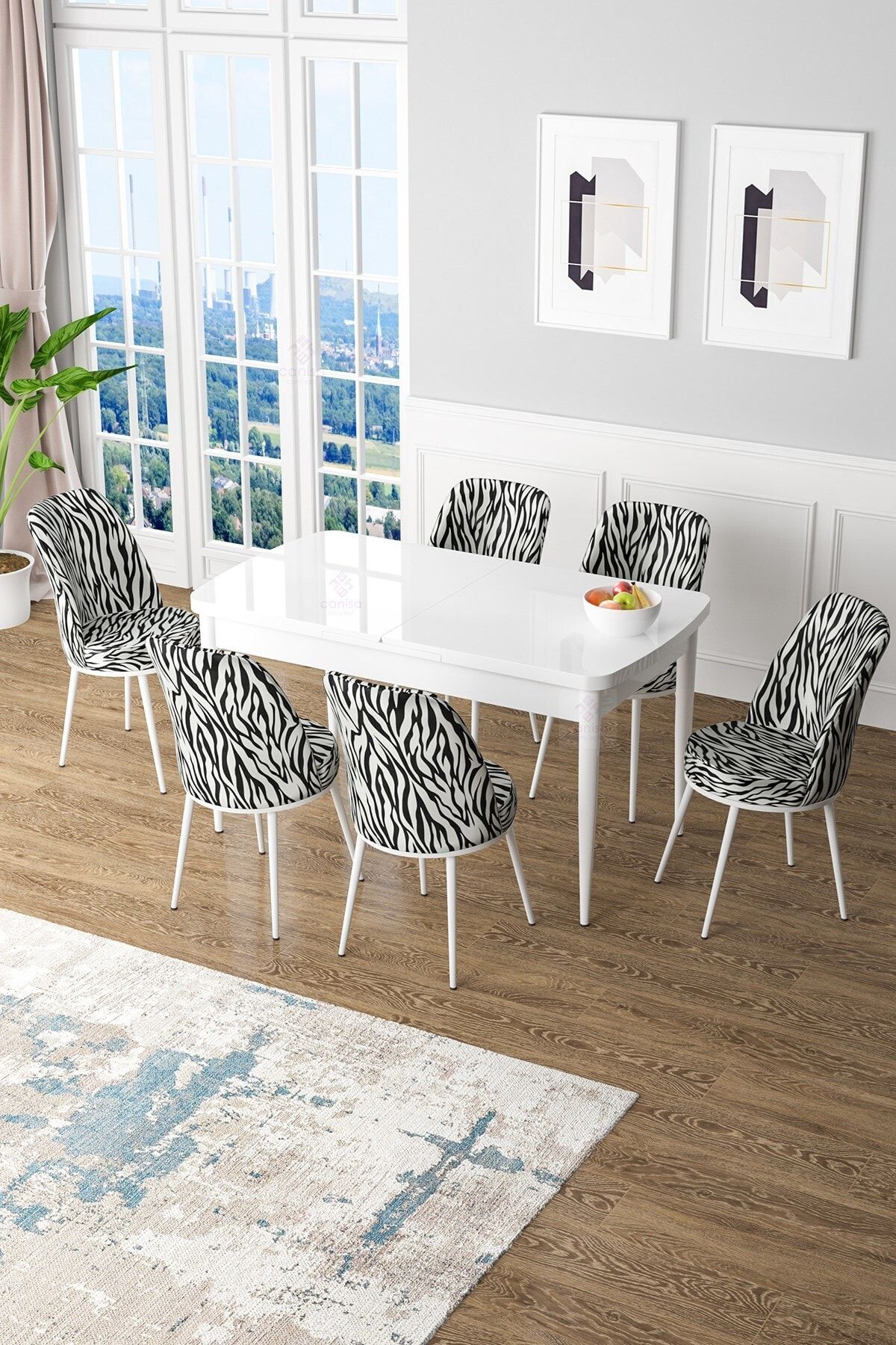 Canisa Concept Via Serisi, 80x132 Açılabilir, Beyaz Mutfak Masa Takımı, 6 Adet Zebra Desenli Sandalye