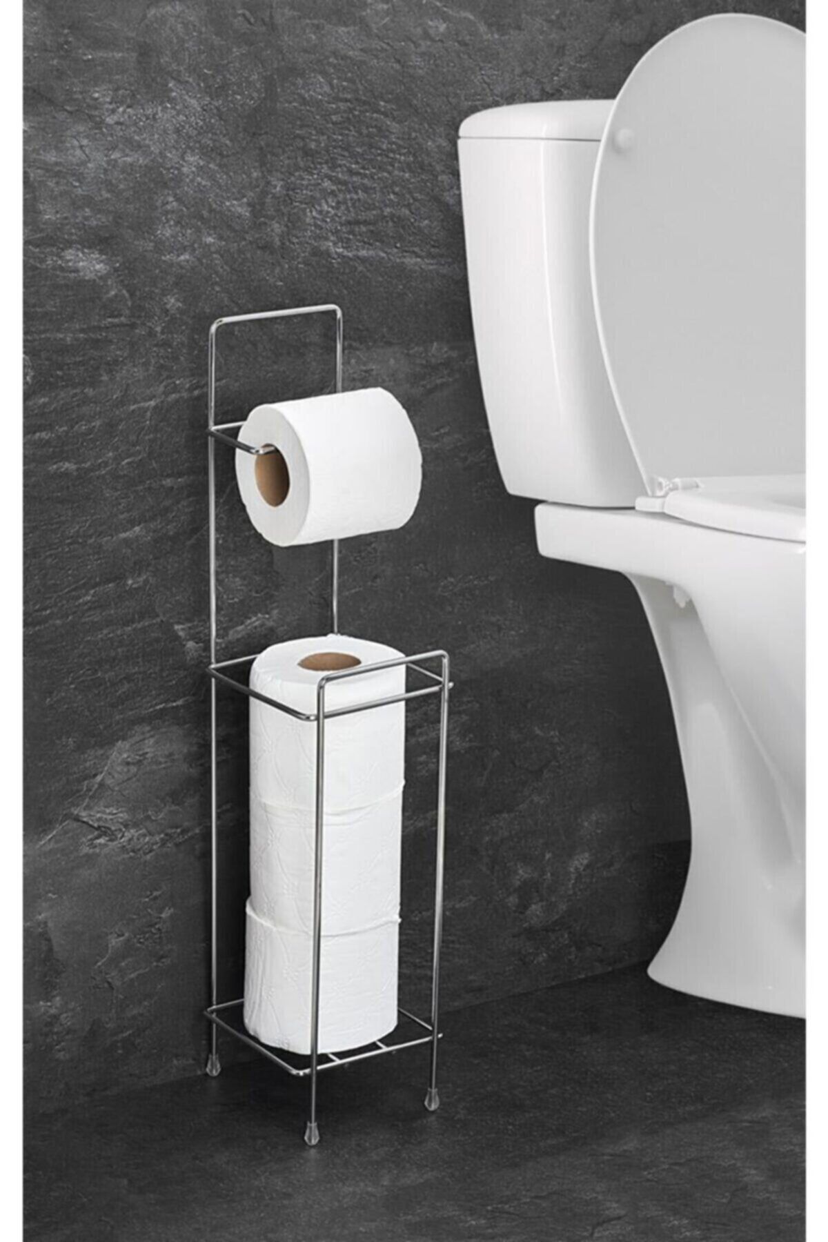 HOMETRENDY Krom Kare Ayaklı Banyo Wc Klozet Tuvalet Kağıtlık Yedekli Tuvalet Kağıdı