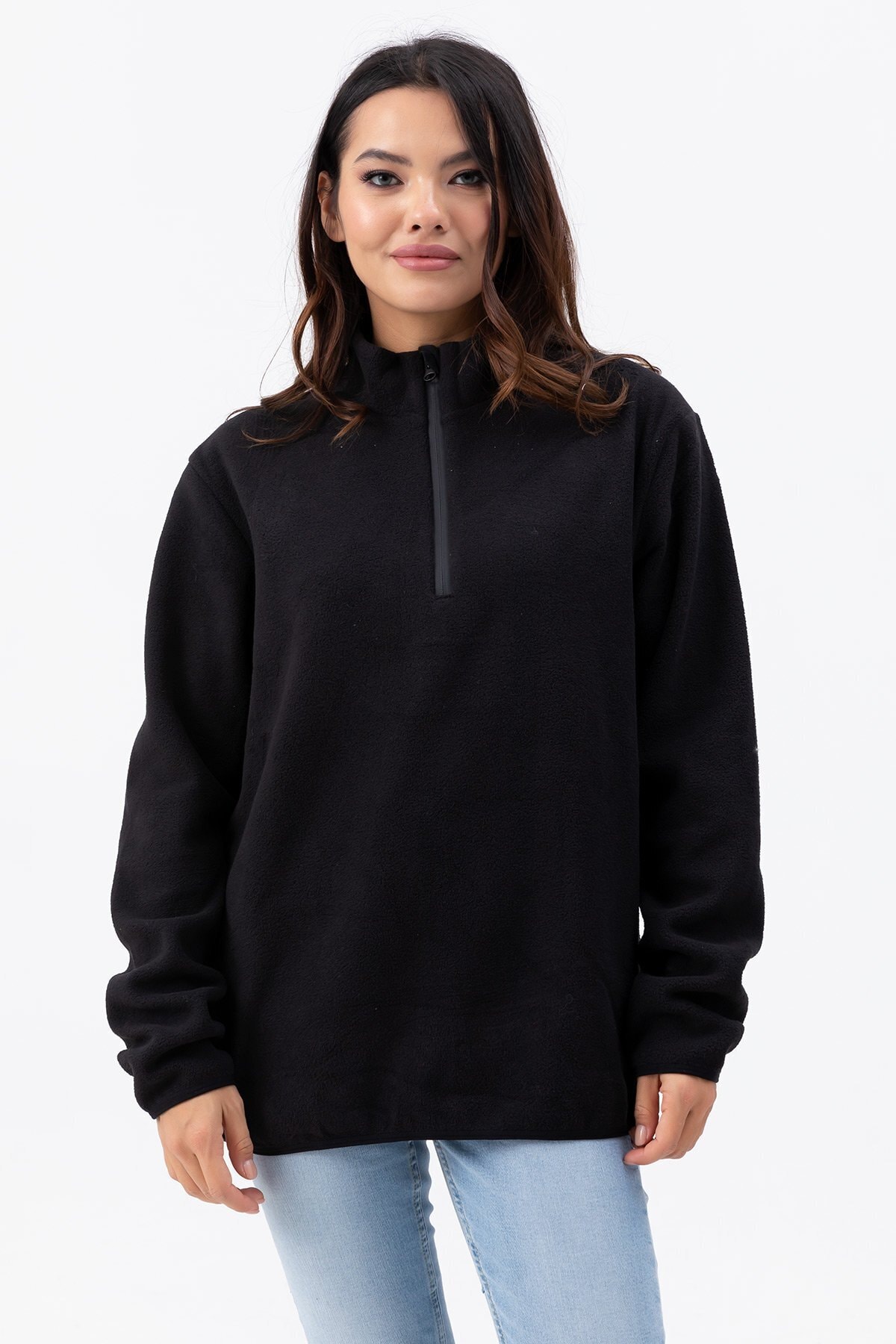 EnChic Moda Kadın Siyah Yarım Fermuarlı Polar Sweat