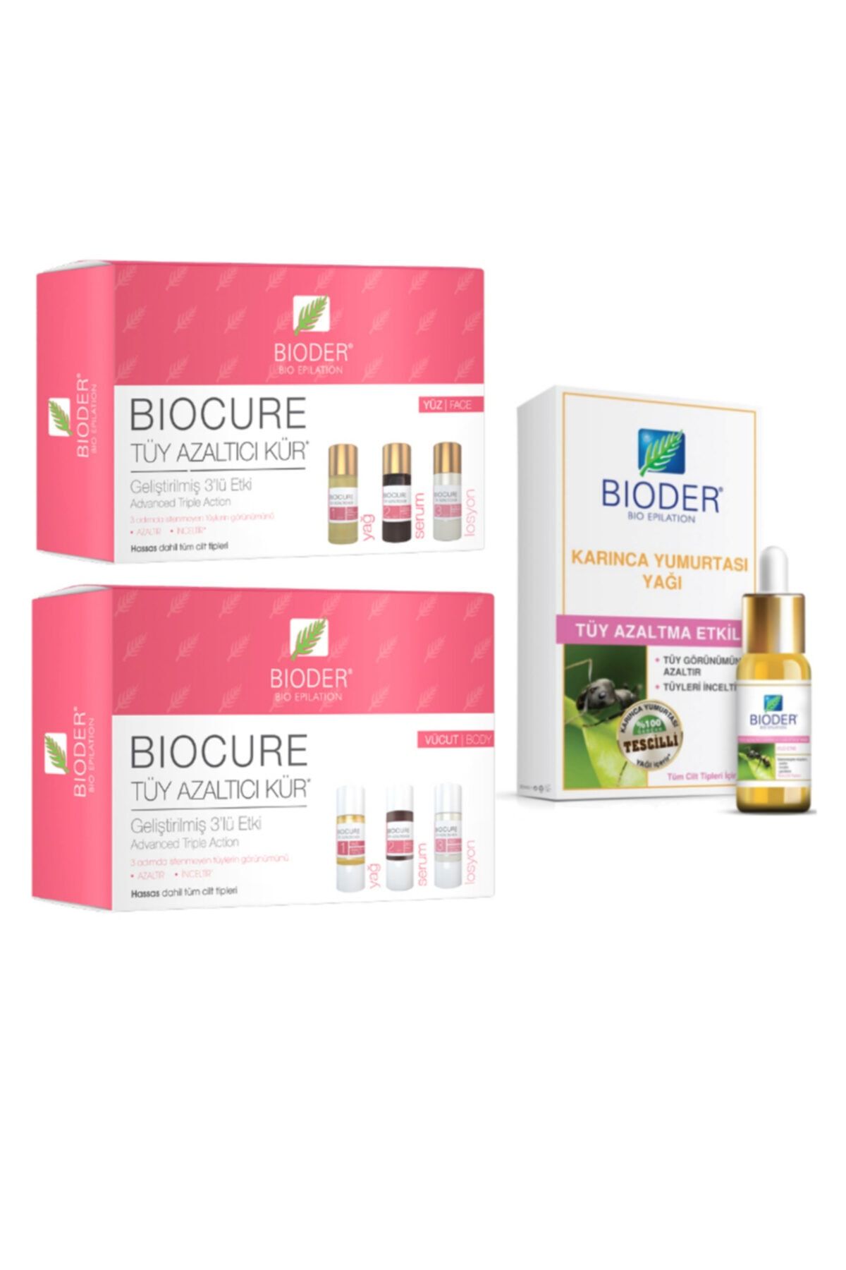 Bioder Tüm Cilt Tipleri Tüy Azaltıcı Karınca Yumurtası Yağı 30 ml + Vücut Serum 3x10 m l + Yüz Serum 3x5 ml