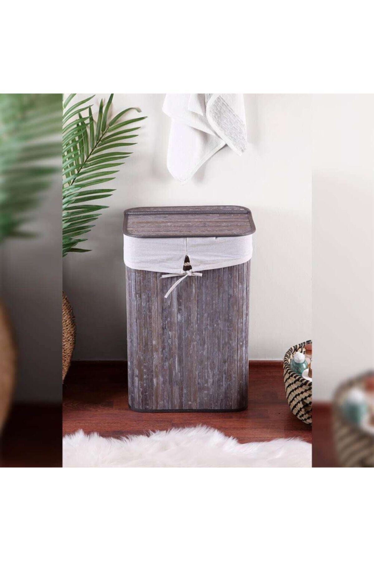 CasaLinda Gri Dikdörtgen Bambu Çamaşır Sepeti Cl-6002