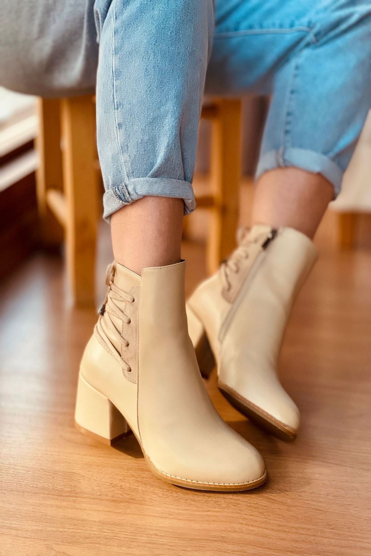 Mida Shoes Vizon Deri İplikli Fermuarlı Kadın Bot