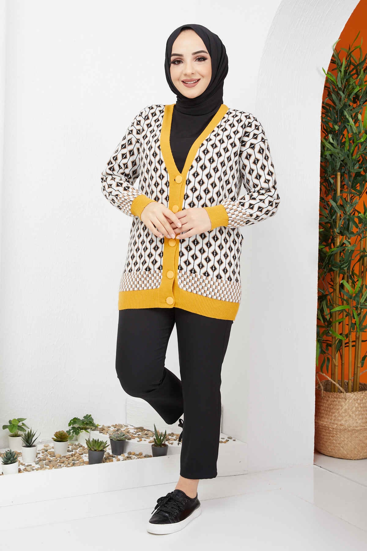 İmajButik Desenli Triko Hırka/sarı