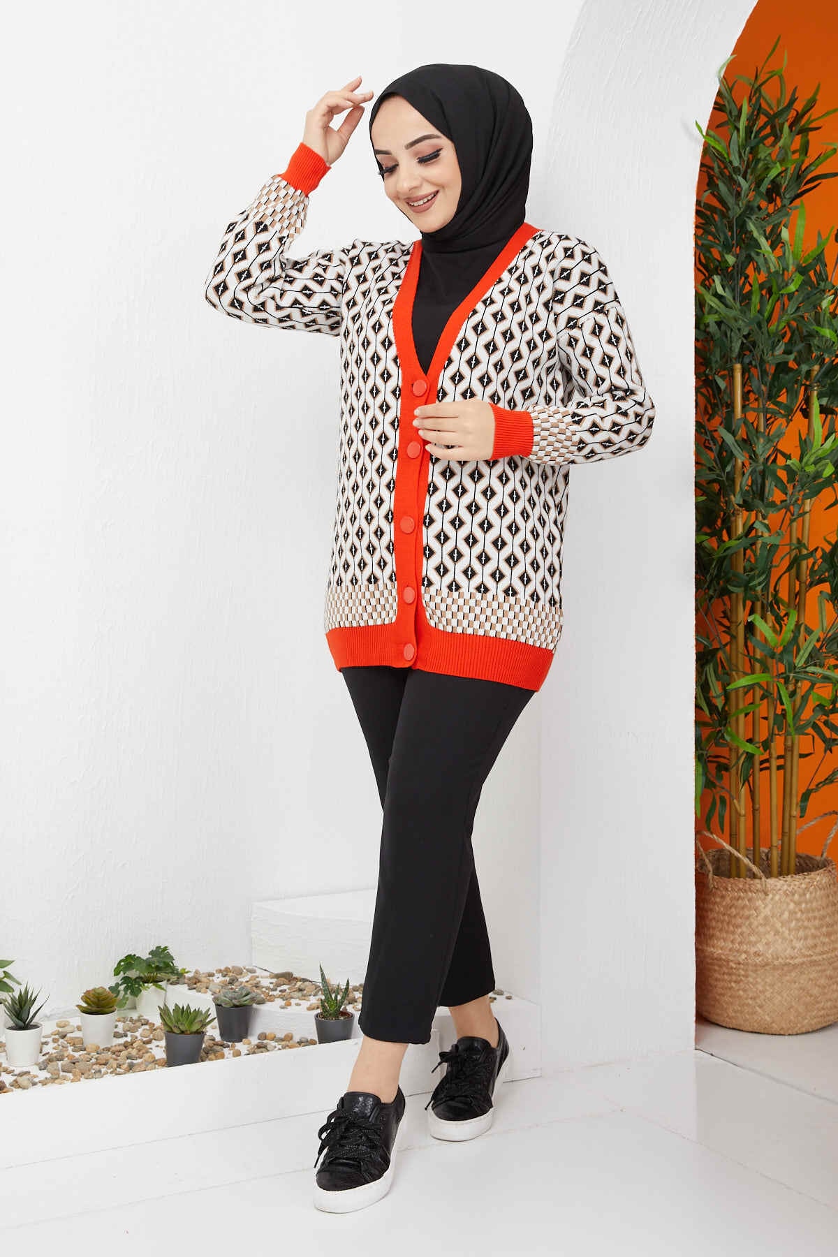 İmajButik Desenli Triko Hırka/turuncu