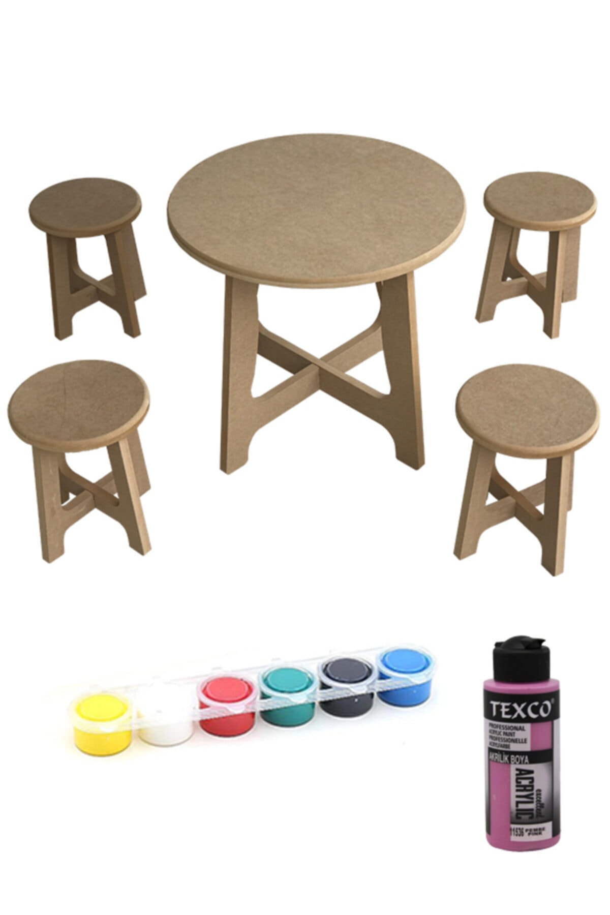 Özka Hobi Ahşap Ahşap Ham Mdf Yuvarlak 18 Mm Aktivite Ve Etkinlik Çocuk Masa Sandalye Takımı+4 Sandalye-1 Masa-çm01