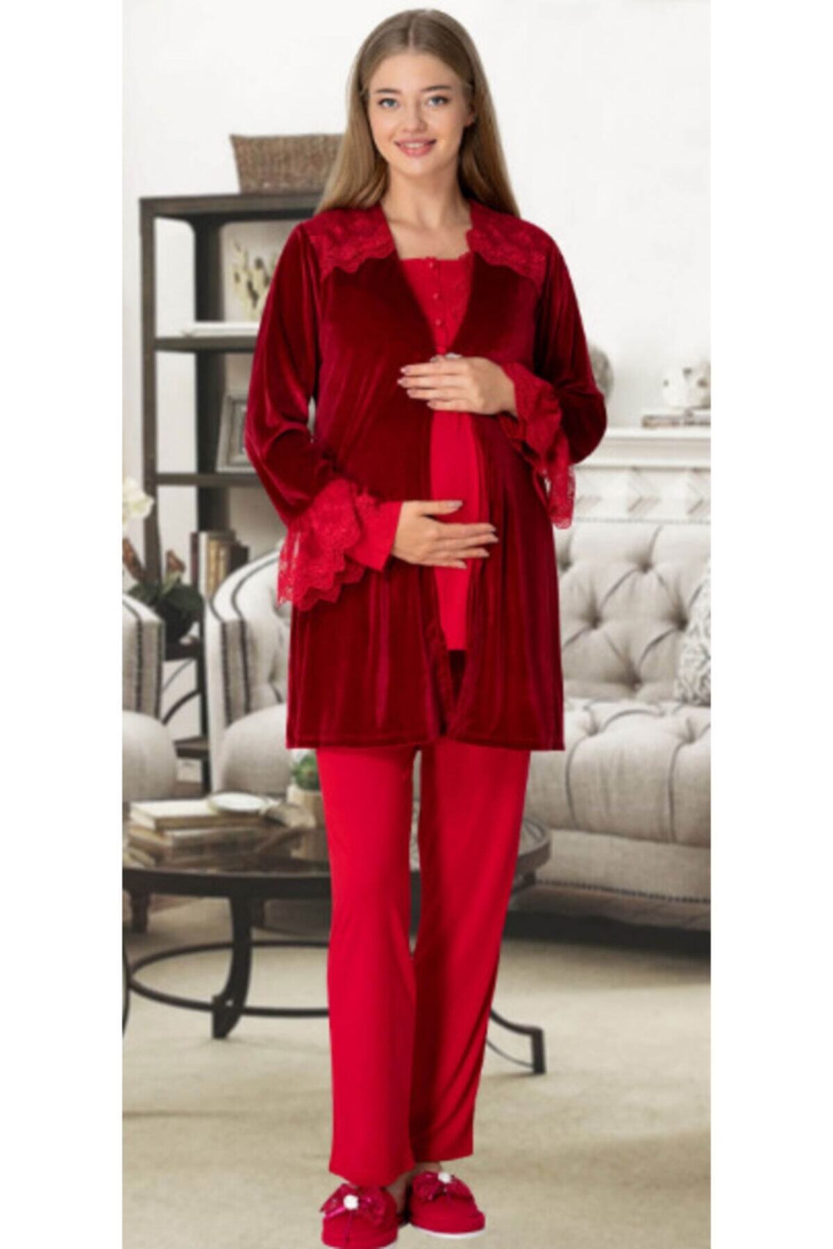 Mecit 5306 Kırmızı Kadife Sabahlıklı Lohusa Pijama Takımı