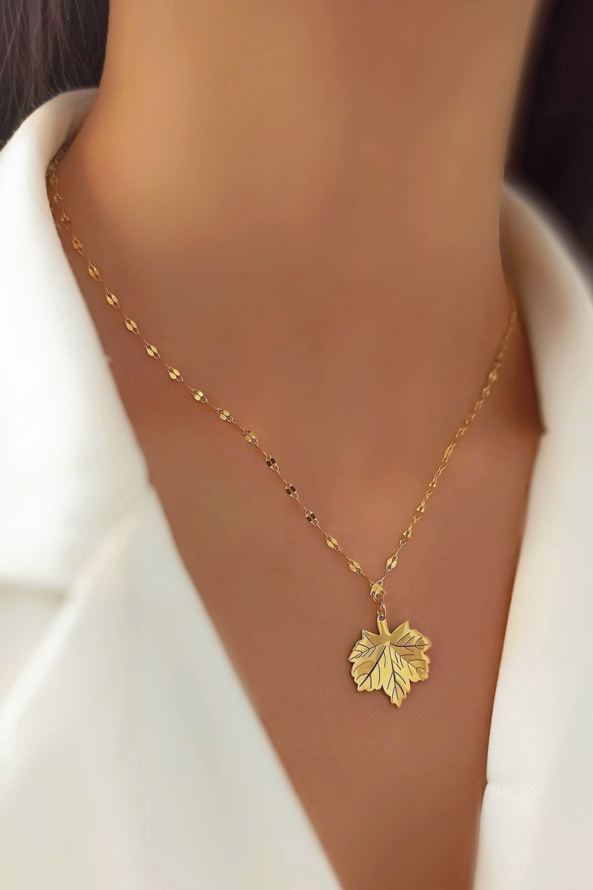 Çlk Accessories Çelik Yaprak Figür Ezme Zincir Çelik Kolye Trkolye5789 B34003