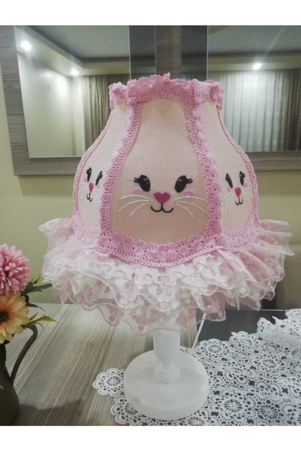 Ros design Vintage Çocuk Abajur Pembe Linen Etamin Üzerine Kedi Figürlü