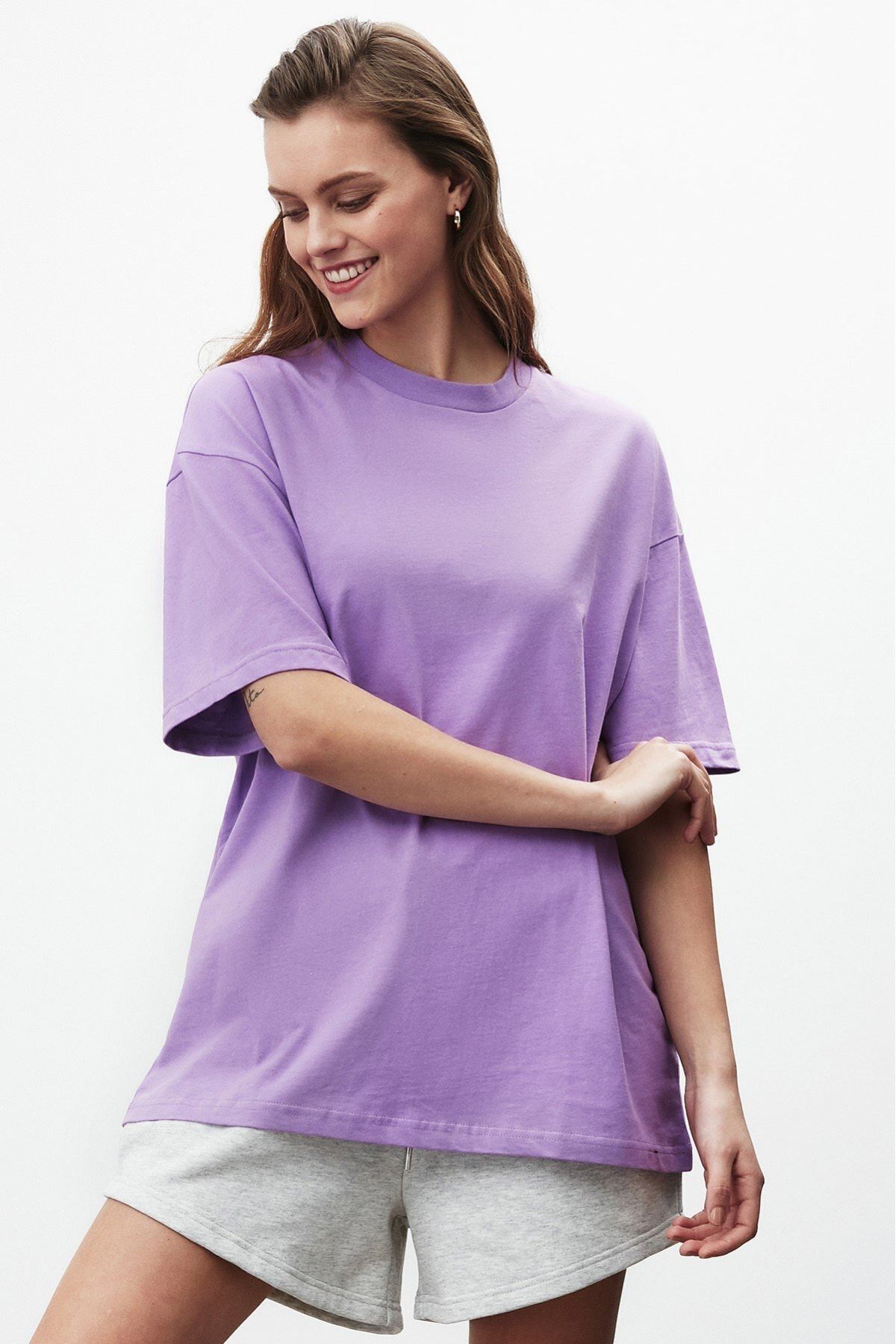 GRIMELANGE Vera Kadın Mor Düz Renk Bisiklet Yaka Oversize T-shirt