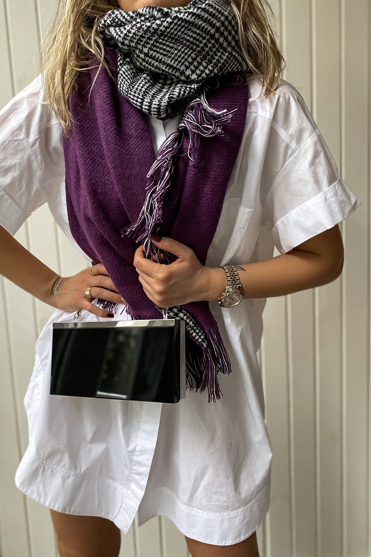 Goldmine Çift Taraflı Ekose Atkı Mor