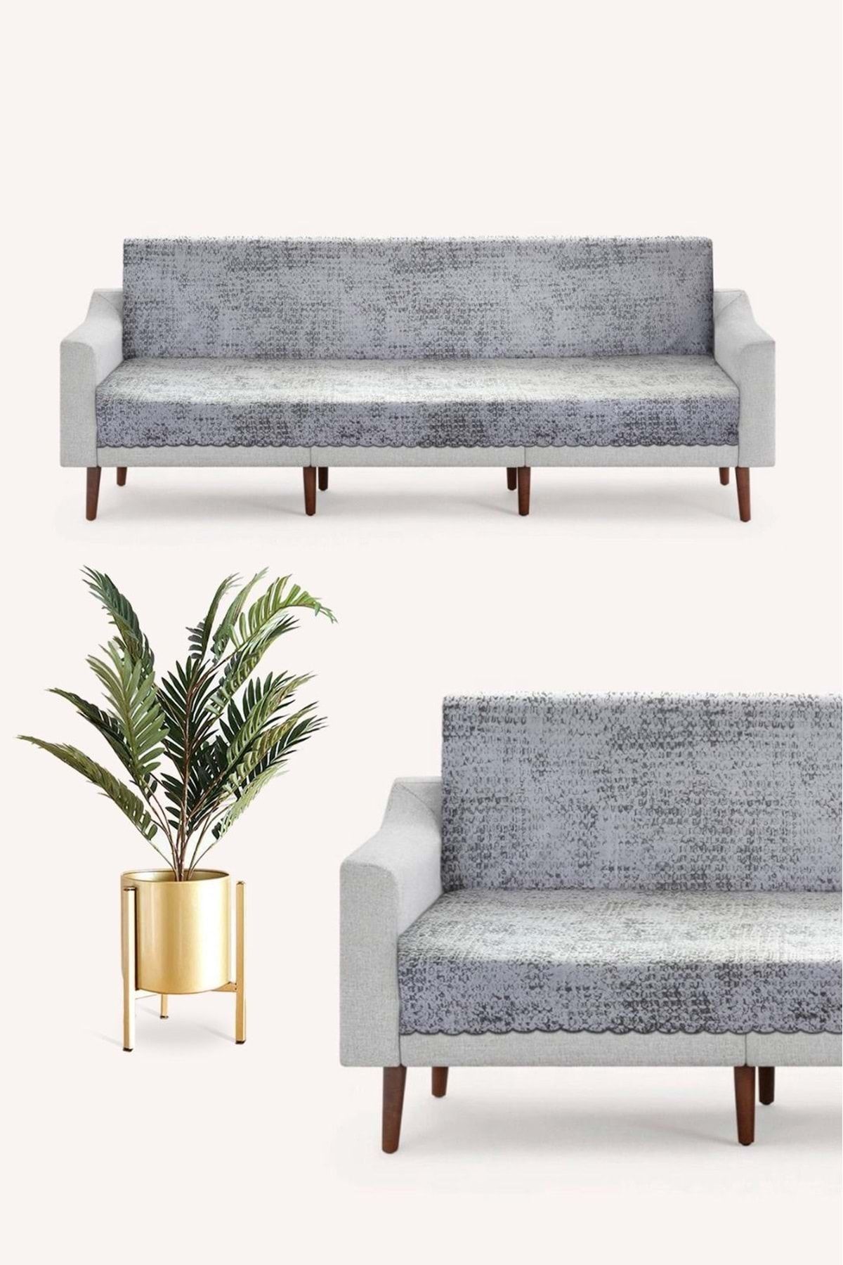 Trendmax Eskitme Desenli Silikon Kaymaz Tabanlı Çekyat/koltuk Örtüsü 175x210 Gri