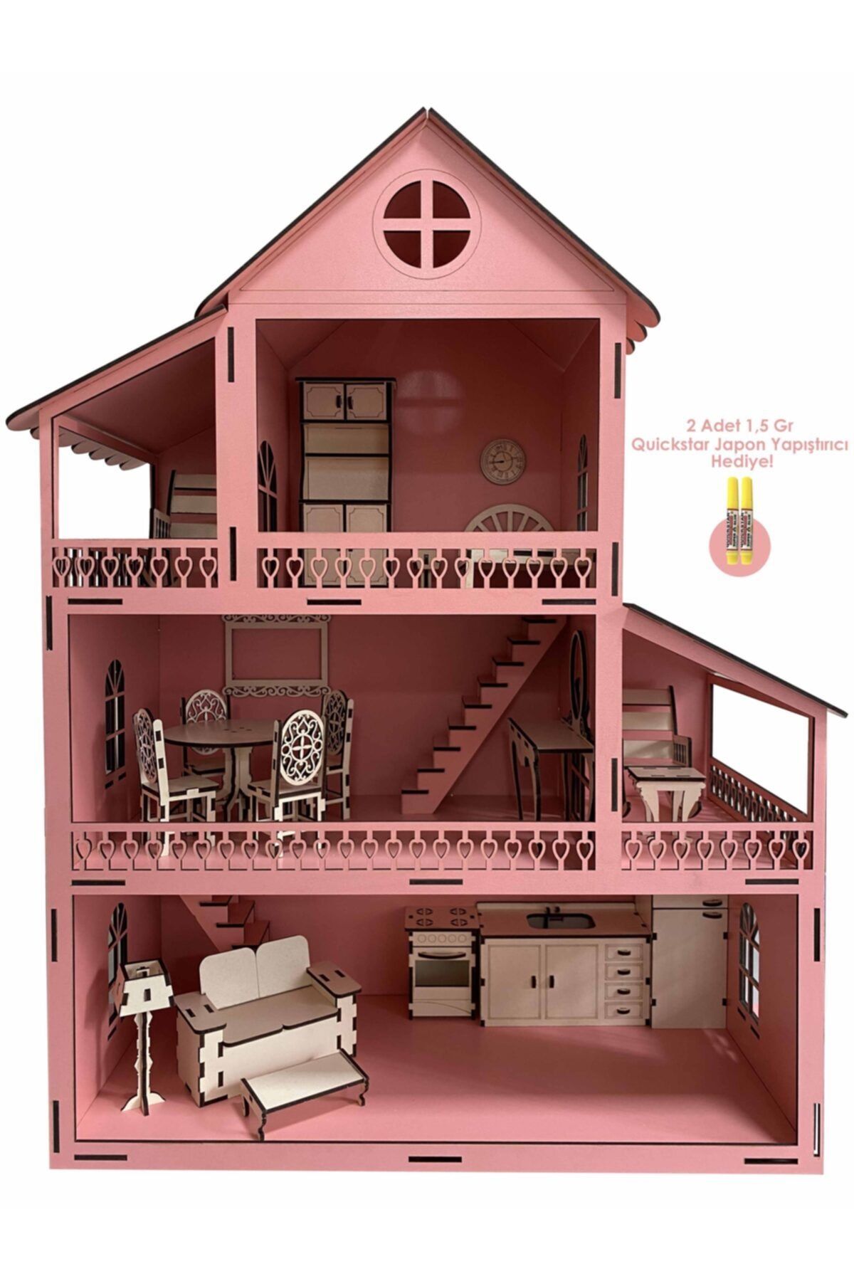 DS DESIGN & LASER CUTTİNG 3 Katlı Ahsap Barbie Çocuk Oyun Evi Pembe Eşyalı