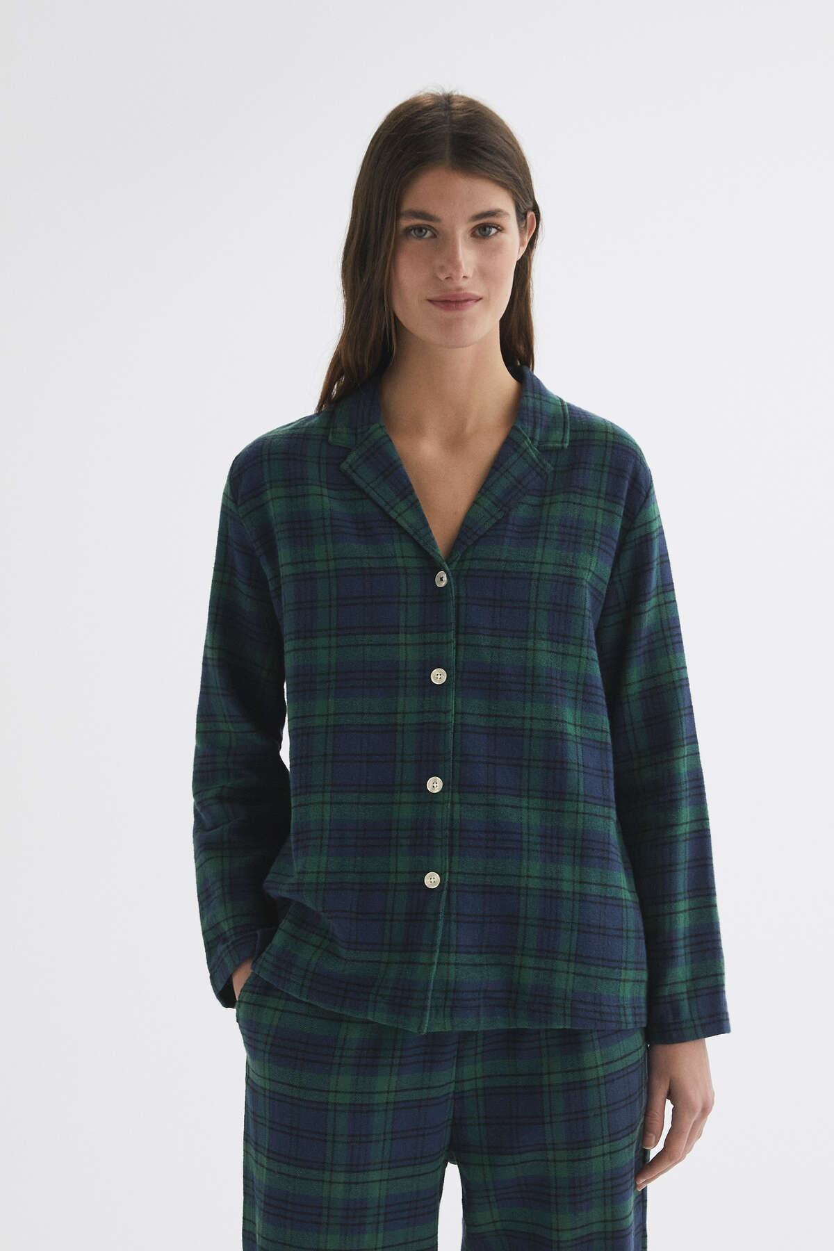 Oysho Pamuklu Kareli Uzun Kollu Extra Warm Pijama Gömlek