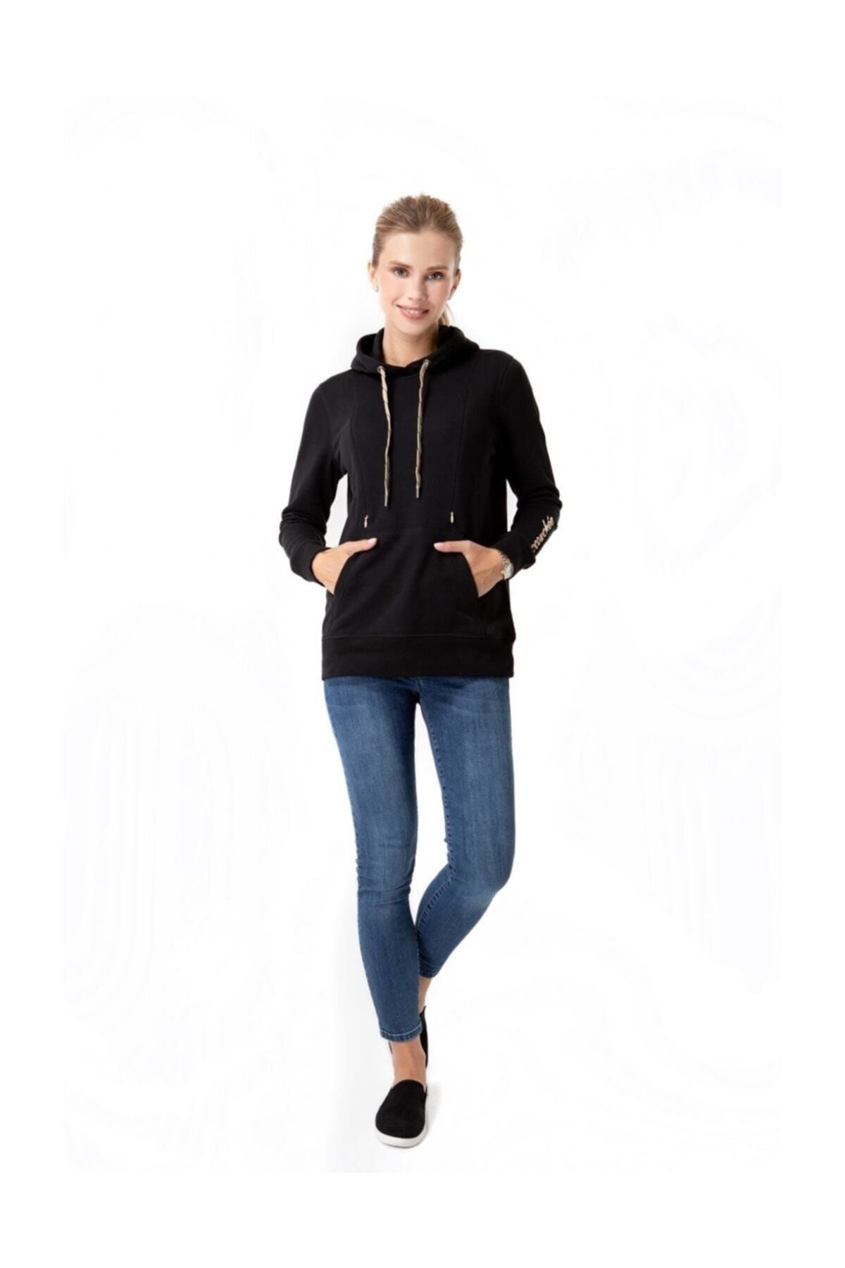 Accouchee Kadın Siyah Ikonik Kolay Emzirme Özellikli Sweatshirt