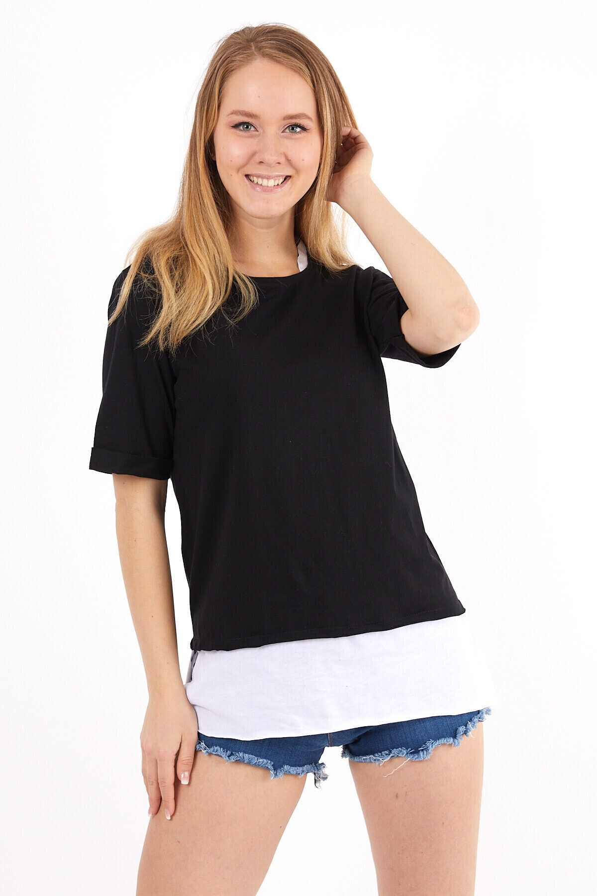 Viking Jeans Yakası Ve Eteği Garnili Yanları Yırtmaçlı Bisiklet Yaka Oversize T-Shirt