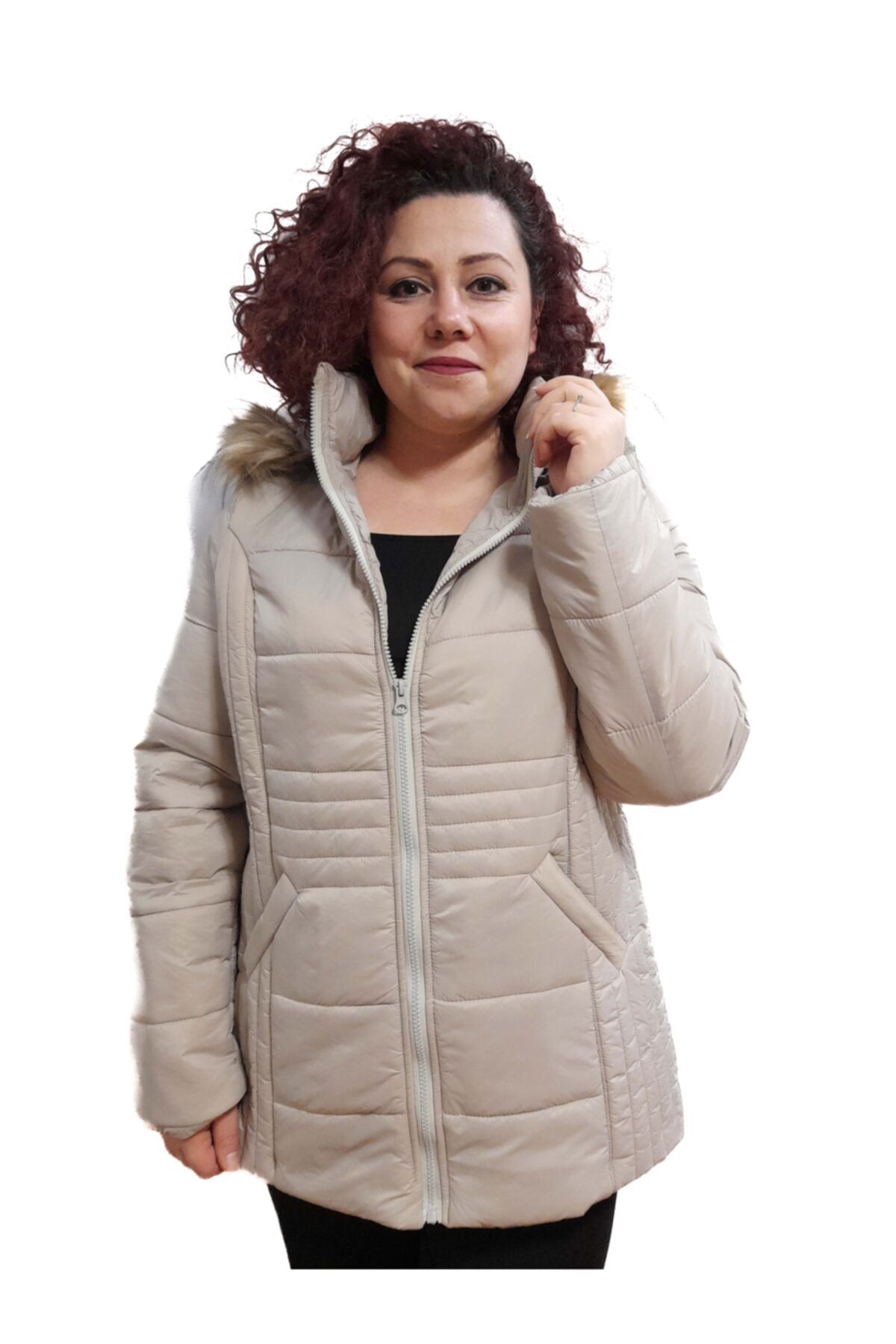 ışıltı fashion Bej Kapüşonlu Kışlık Kadın Büyük Beden Mont