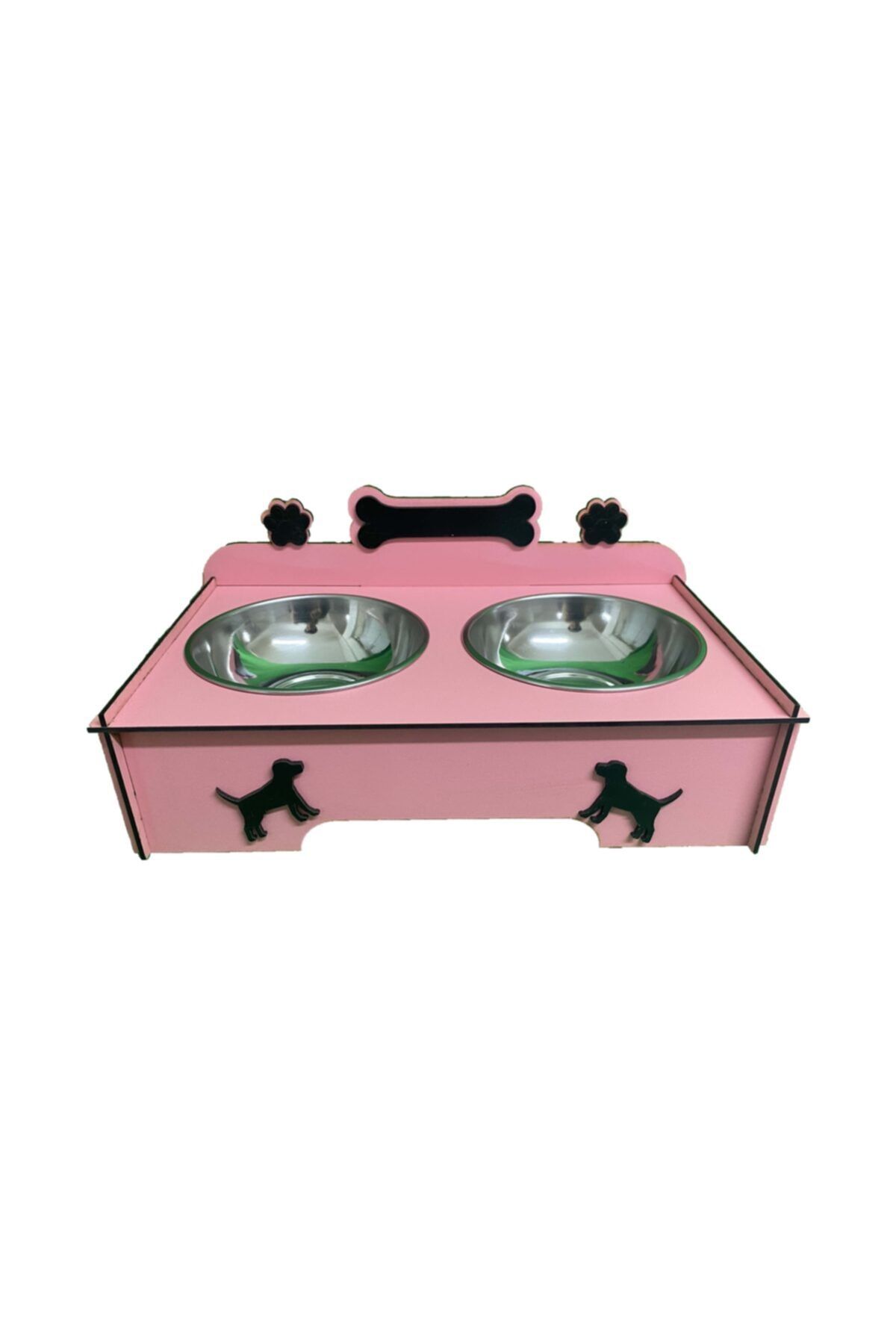 DS DESIGN & LASER CUTTİNG Ahşap Köpek Mama Ve Su Kabı Ikili Çelik Kase Pembe