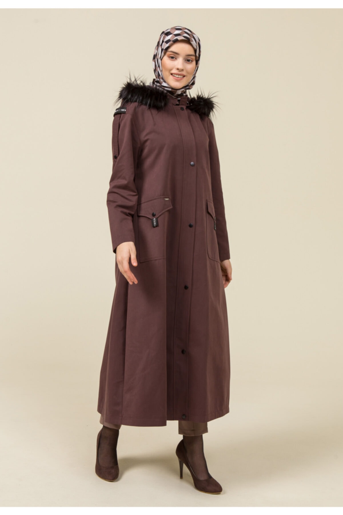 Setrms Mürdüm Suni Kürk Kapüşonlu Düğmeli Relax Fit Pardösü 2212026