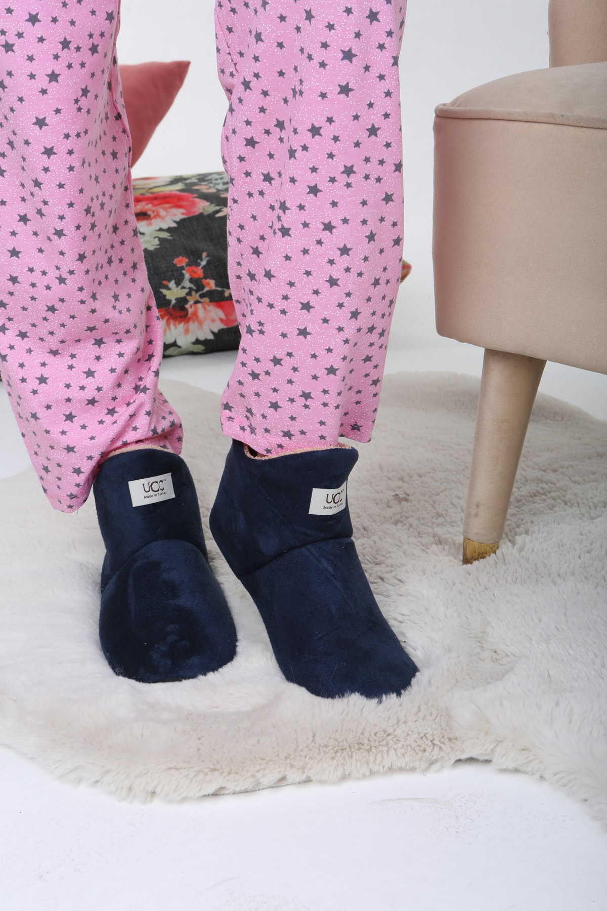 PWR Lacivert Unisex Içi Peluşlu Rahat Pofuduk Ev Botu