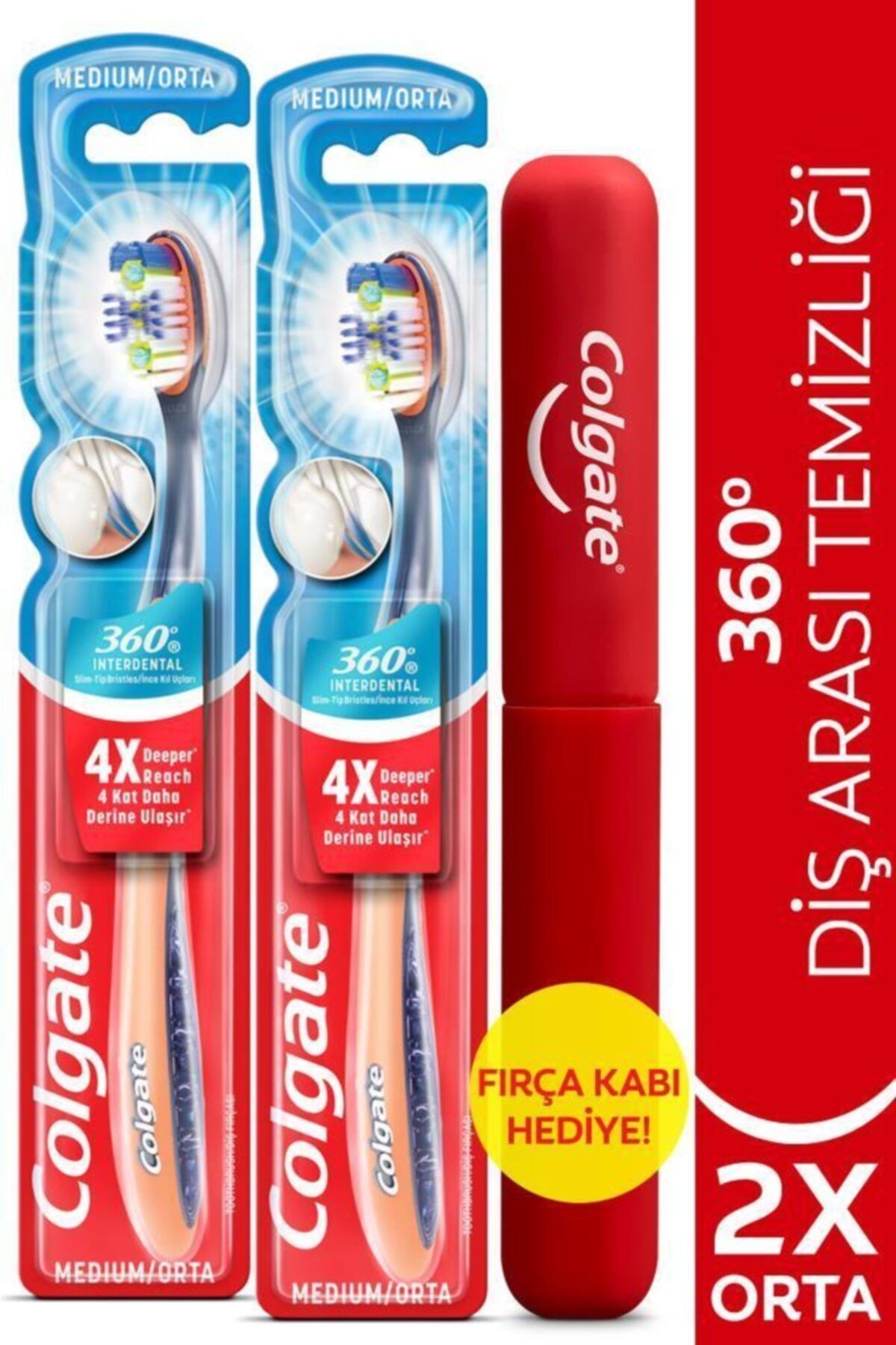 Colgate 360 Diş Arası Temizliği Ince Kıl Uçları Orta Diş Fırçası X 2 Adet + Diş Fırçası Kabı Hediye