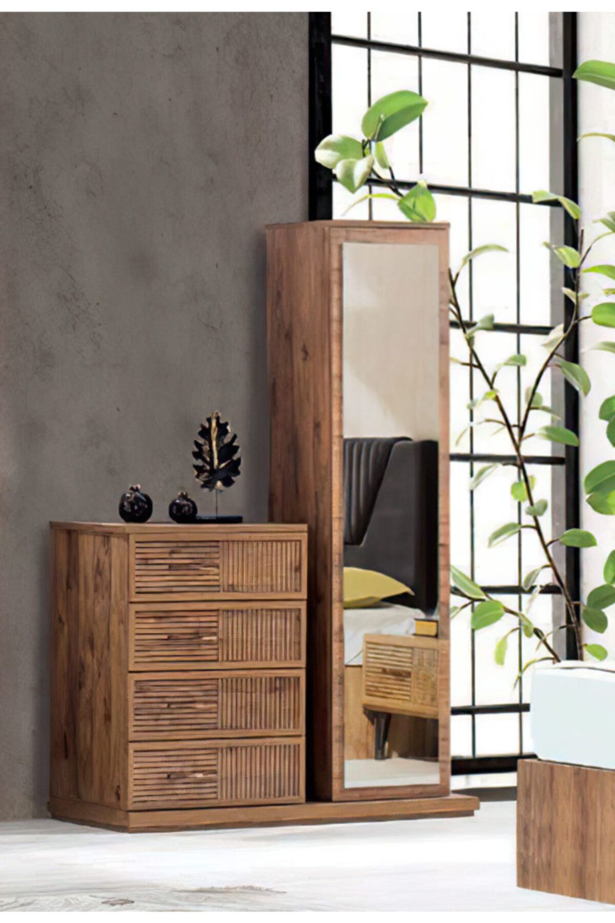Çiftci Ticaret Ceviz Renk Mdf 2 Parça 4 Çekmece 1 Kapak 5 Raflı Aynalı Şifonyer