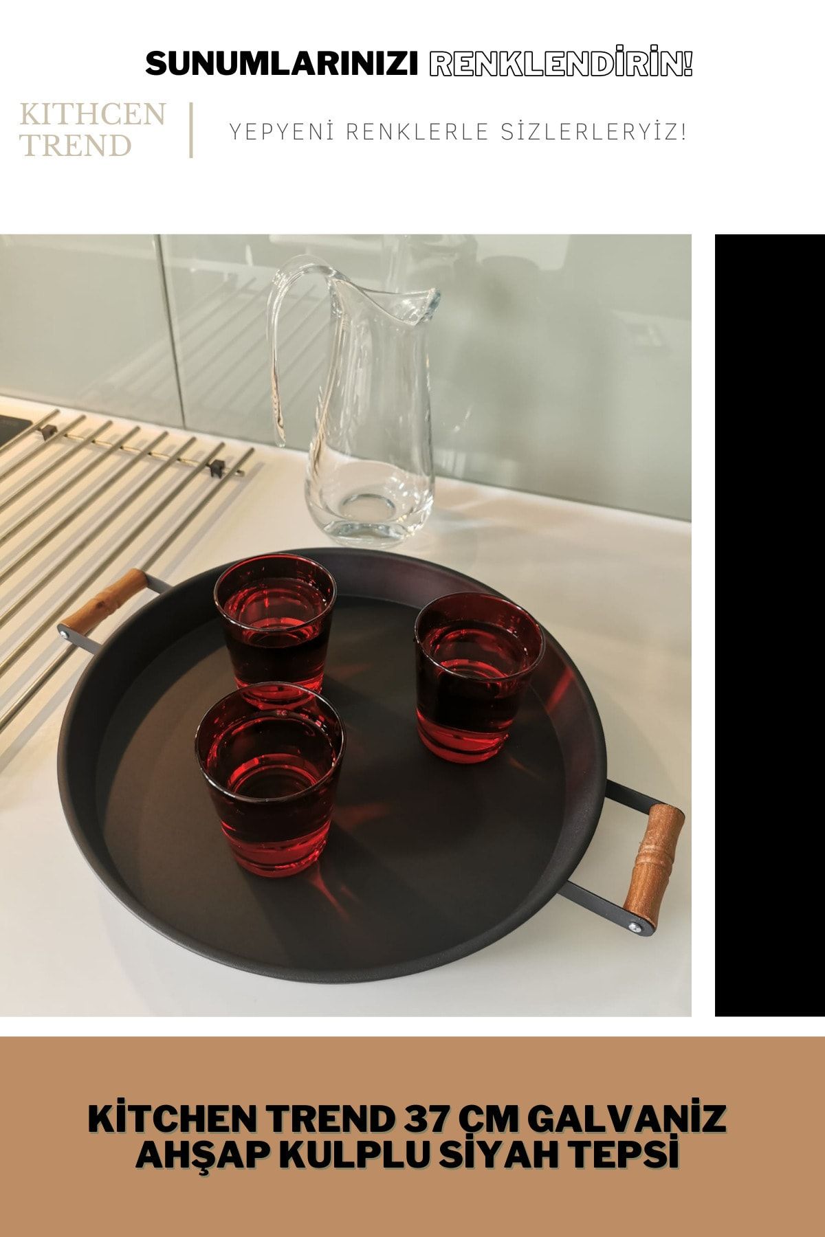 kitchen trend Yuvarlak 37 Cm Ahşap Kulplu Metal Yuvarlak Siyah Tepsi