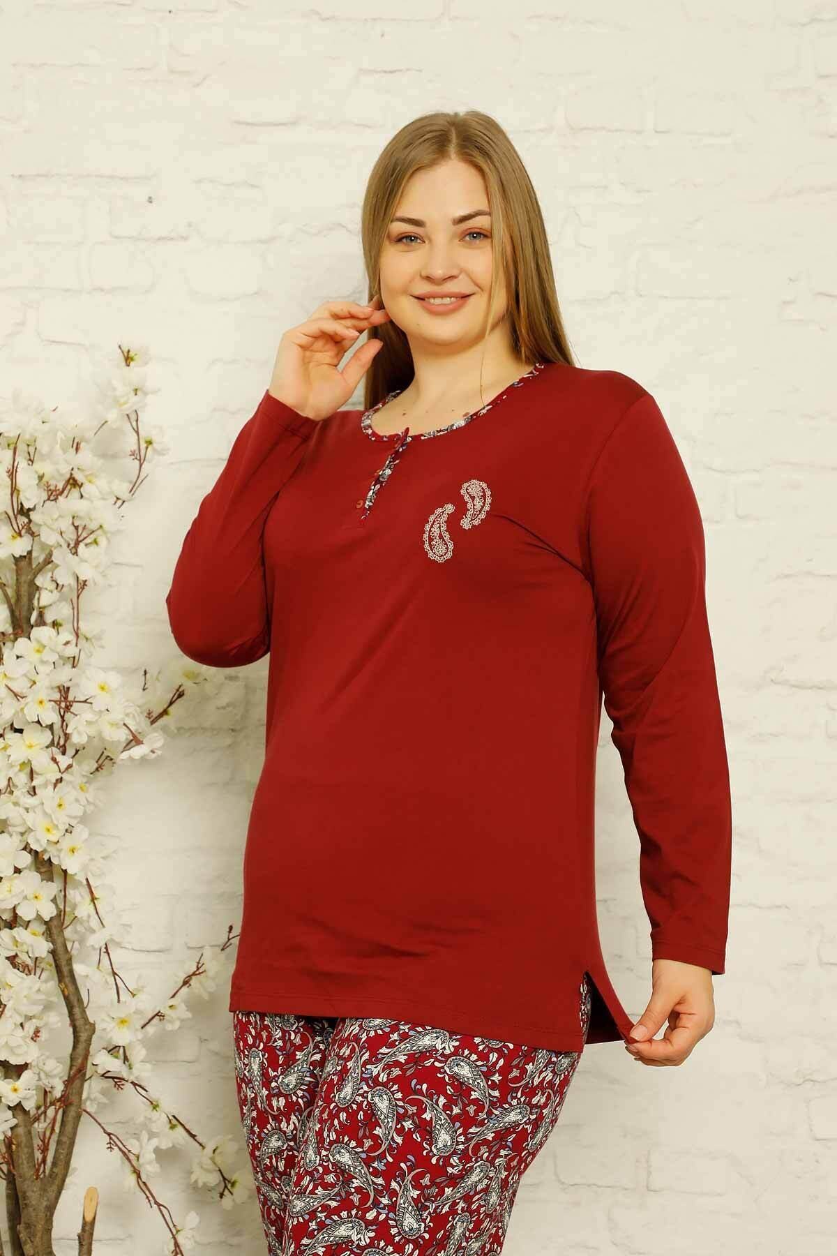 My Fashion World Şal Desenli Battal Beden Bordo Kadın Pijama Takımı 2624ukb