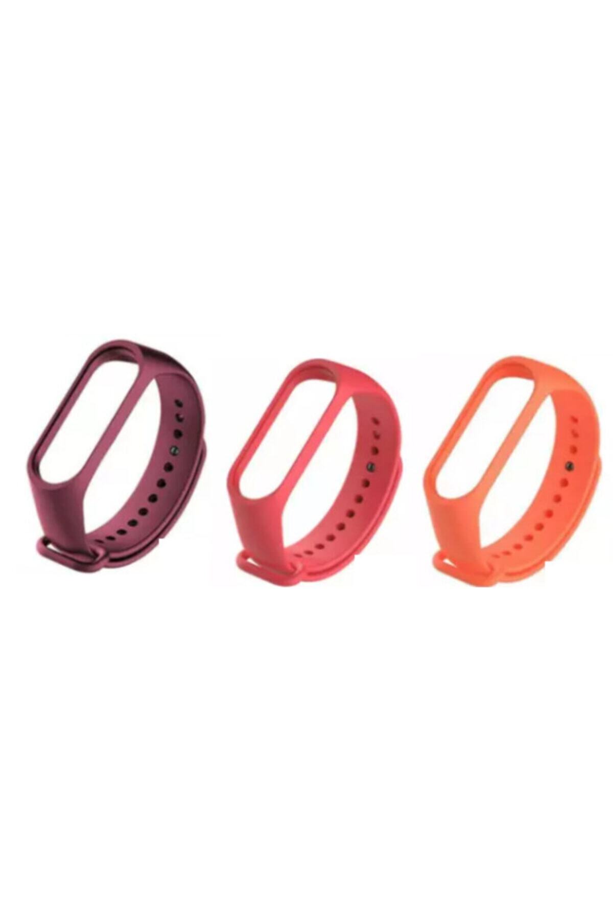 Tiegem Mi Band 3/4 3 Lü Set Kombinli Akıllı Bileklik Kordonu Bordokırmızıturuncu