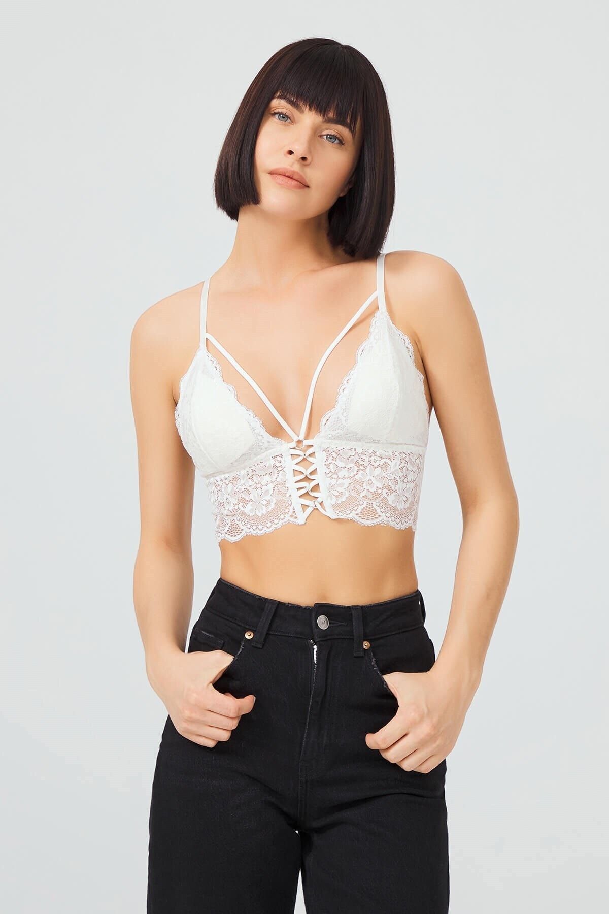Cottonhill Kadın Krem Dantelli Ince Askılı Kaplı Üçgen Bralet Büstiyer