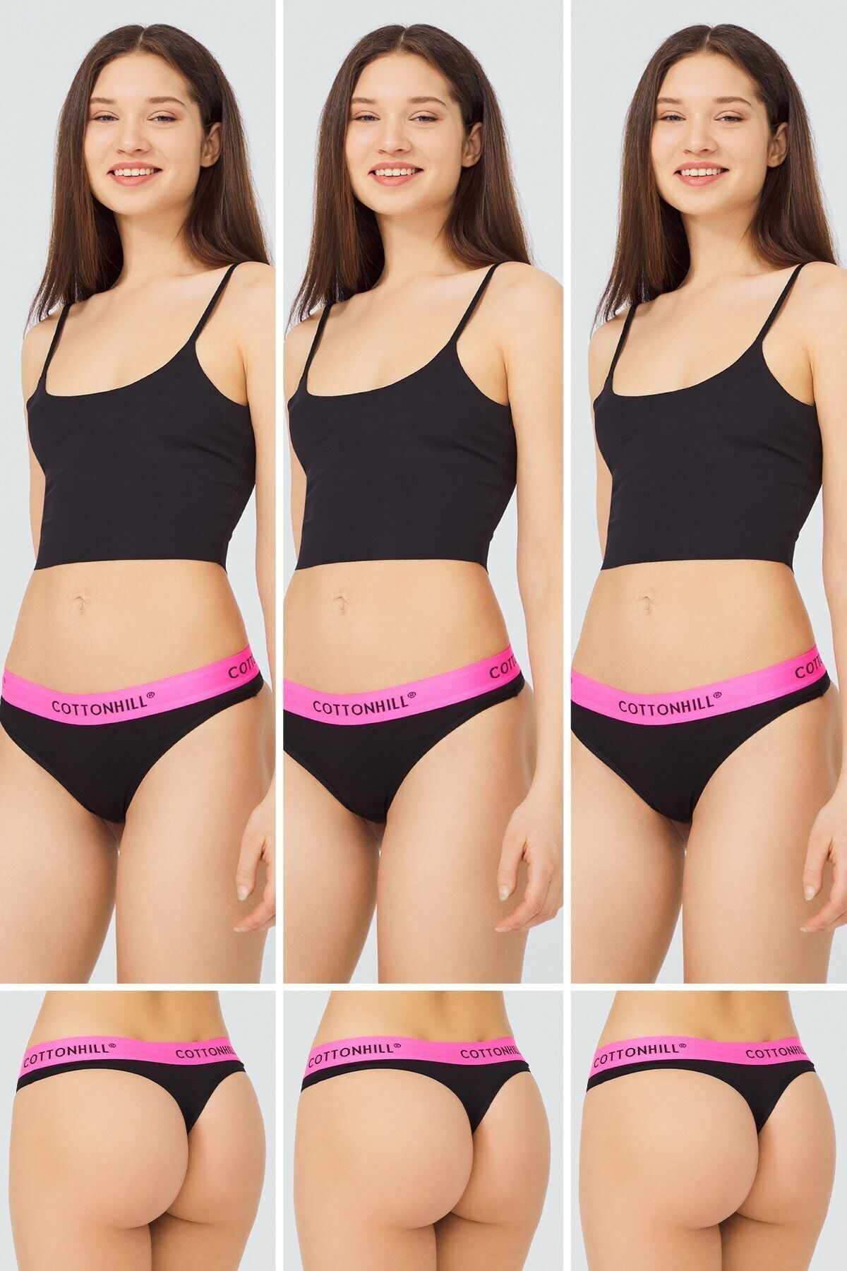 Cottonhill Kadın Siyah Pamuklu Basic Tanga Külot 3'lü