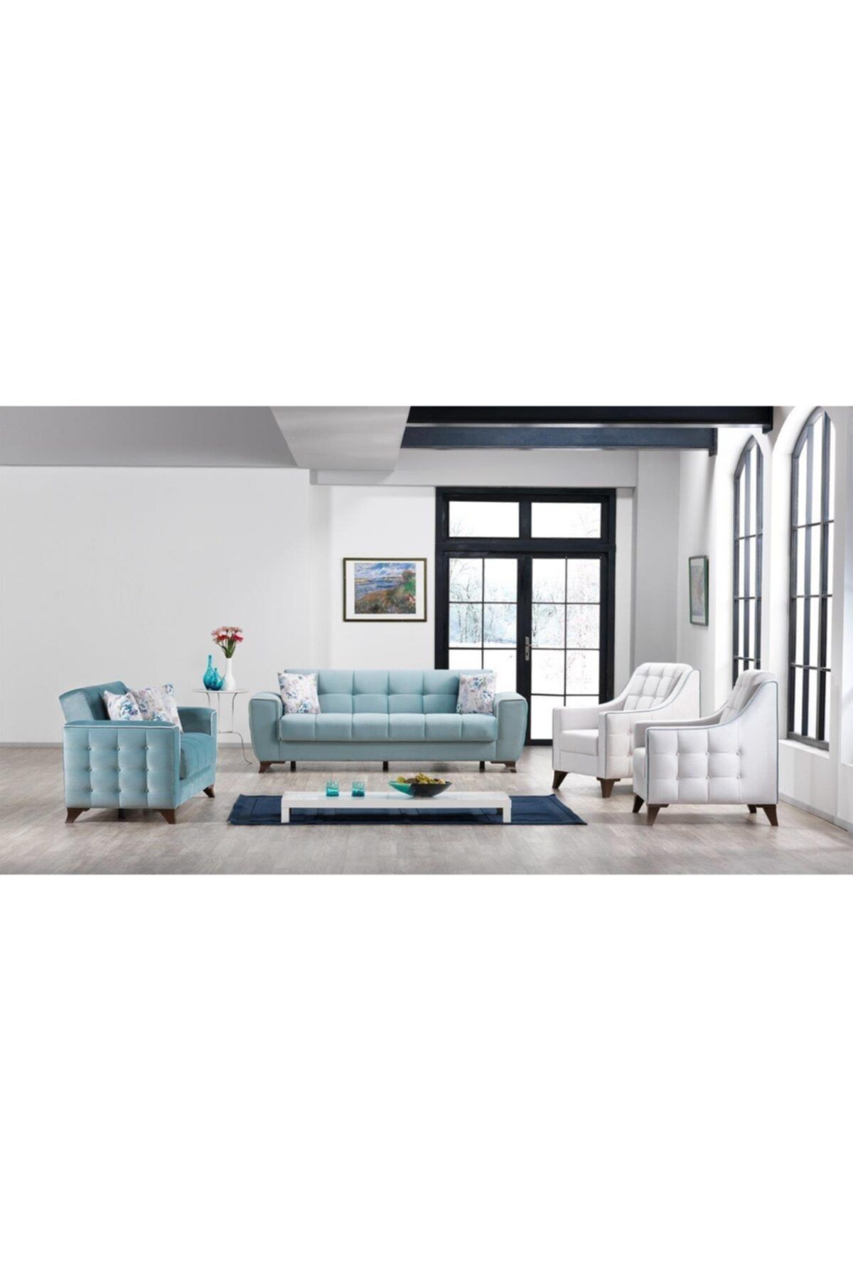 ipek mobilya Zen Oturma Gurubu 3+3+1+1 Açık Mavi Açık Krem