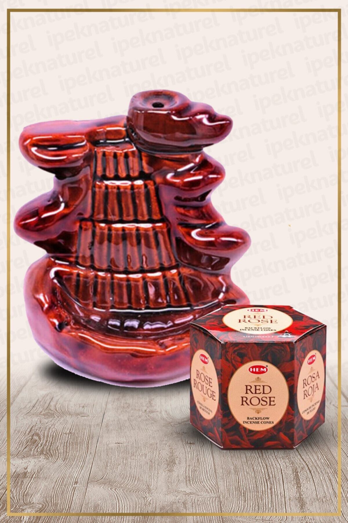 İpek Naturel Kahve Şelale Buhurdanlık Ve Red Rose (kırmızı Gül) Konik Tütsü Set